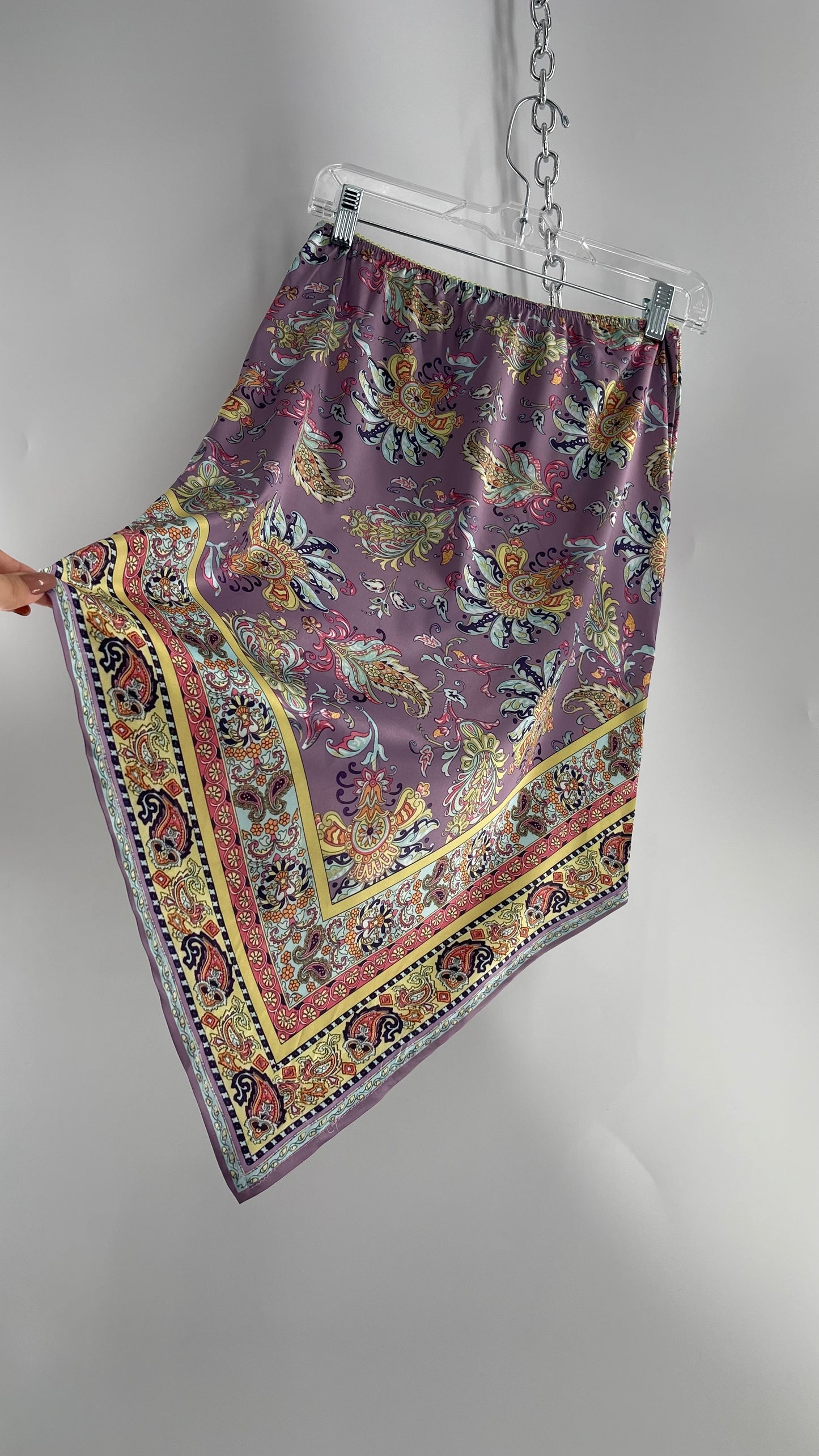 Urban Outfitters Lavender Satin Paisley Handkerchief Hem Skirt with Light Green Ribbon Waistline (Small)