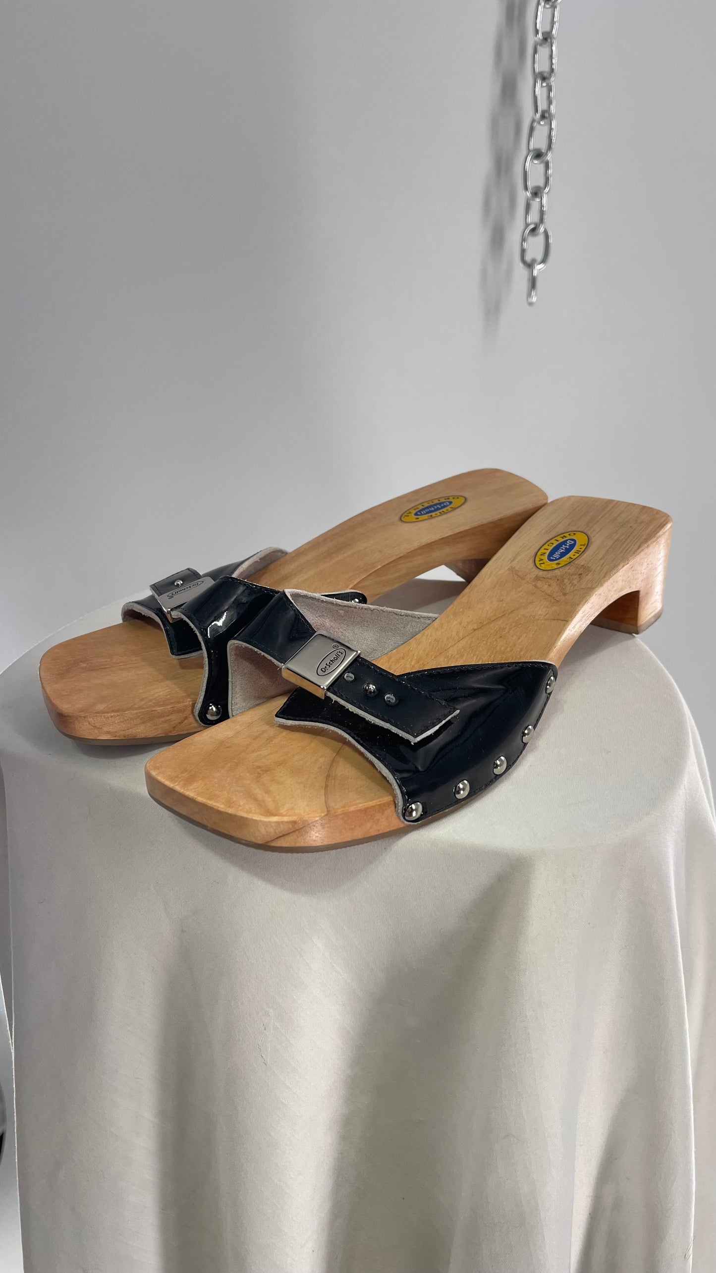 Vintage Dr.Scholls Black Studded Wooden Clog Sandal (8)