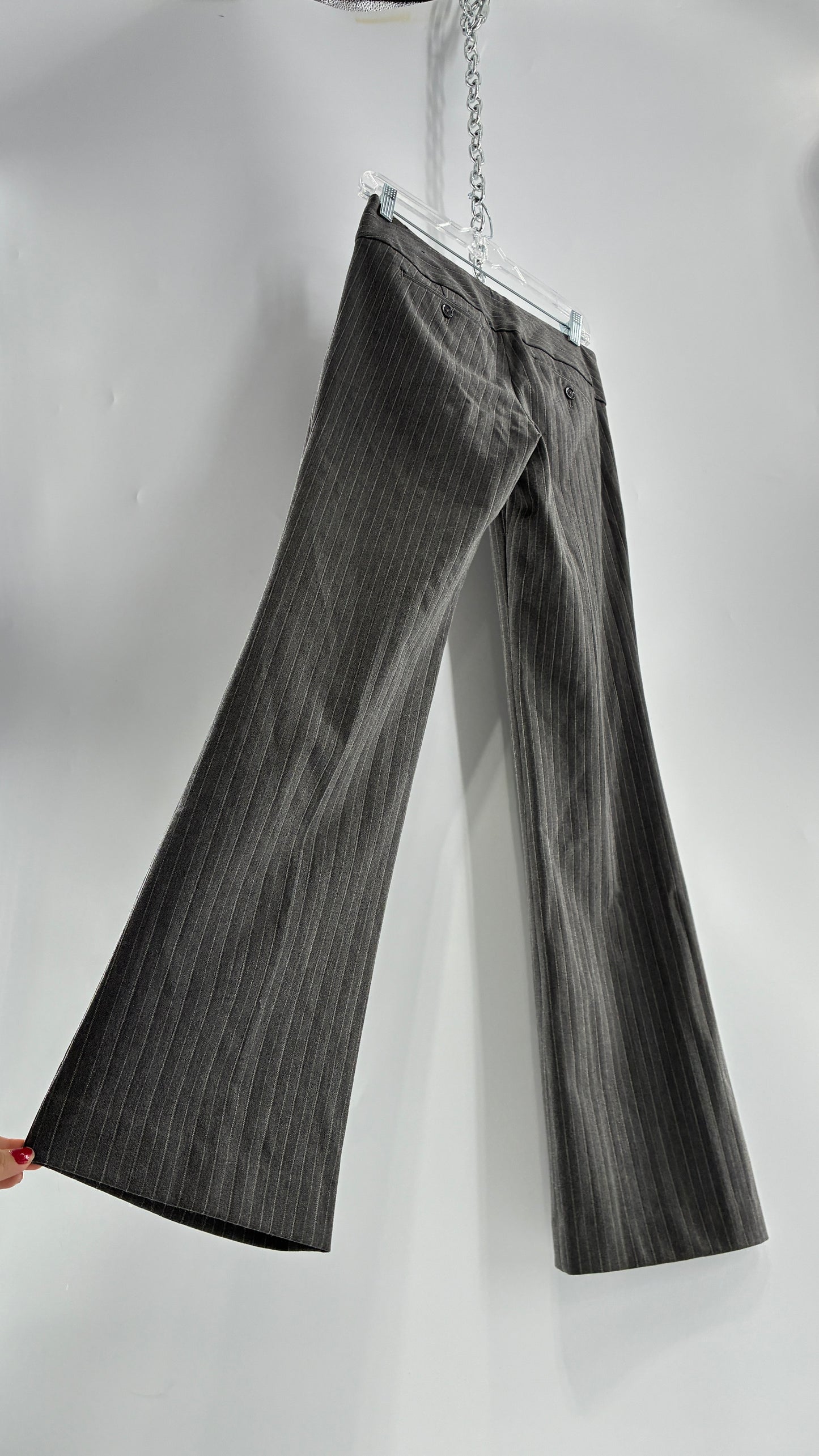 Vintage 1990s EXPRESS Editor Dark Grey Pinstripe Ultra Low Rise Thick Hip Band Kick Flares (2)