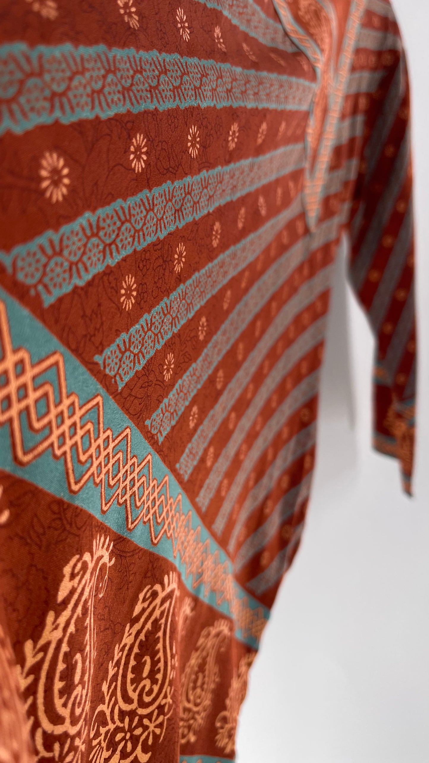 Vintage 1970s Indian 100% Silk Tunic Burnt Orange, Teal and Gold (40)