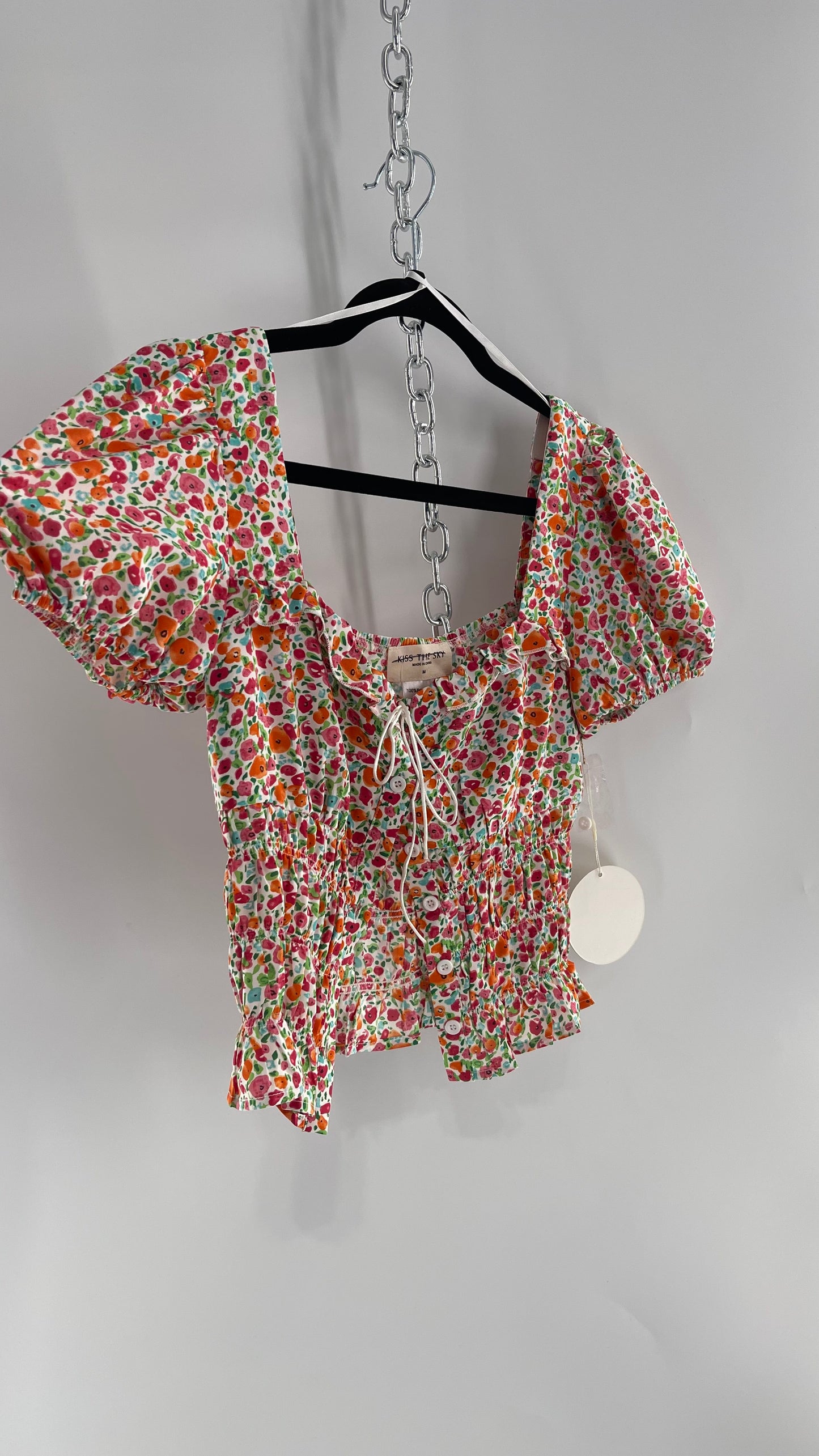 Free People Kiss The Sky Ribbon Bust Floral Prairie Top (Medium)