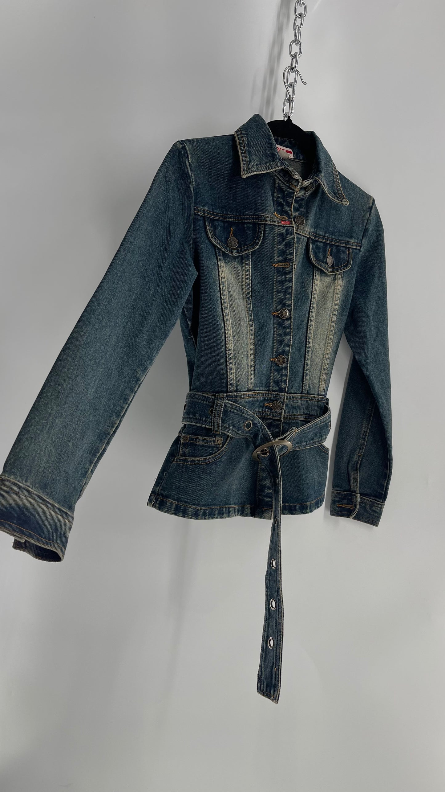Vintage Madame Denim Culture Medium Wash Fade Jacket with Waist Belt and Back Pocket Details (Medium)