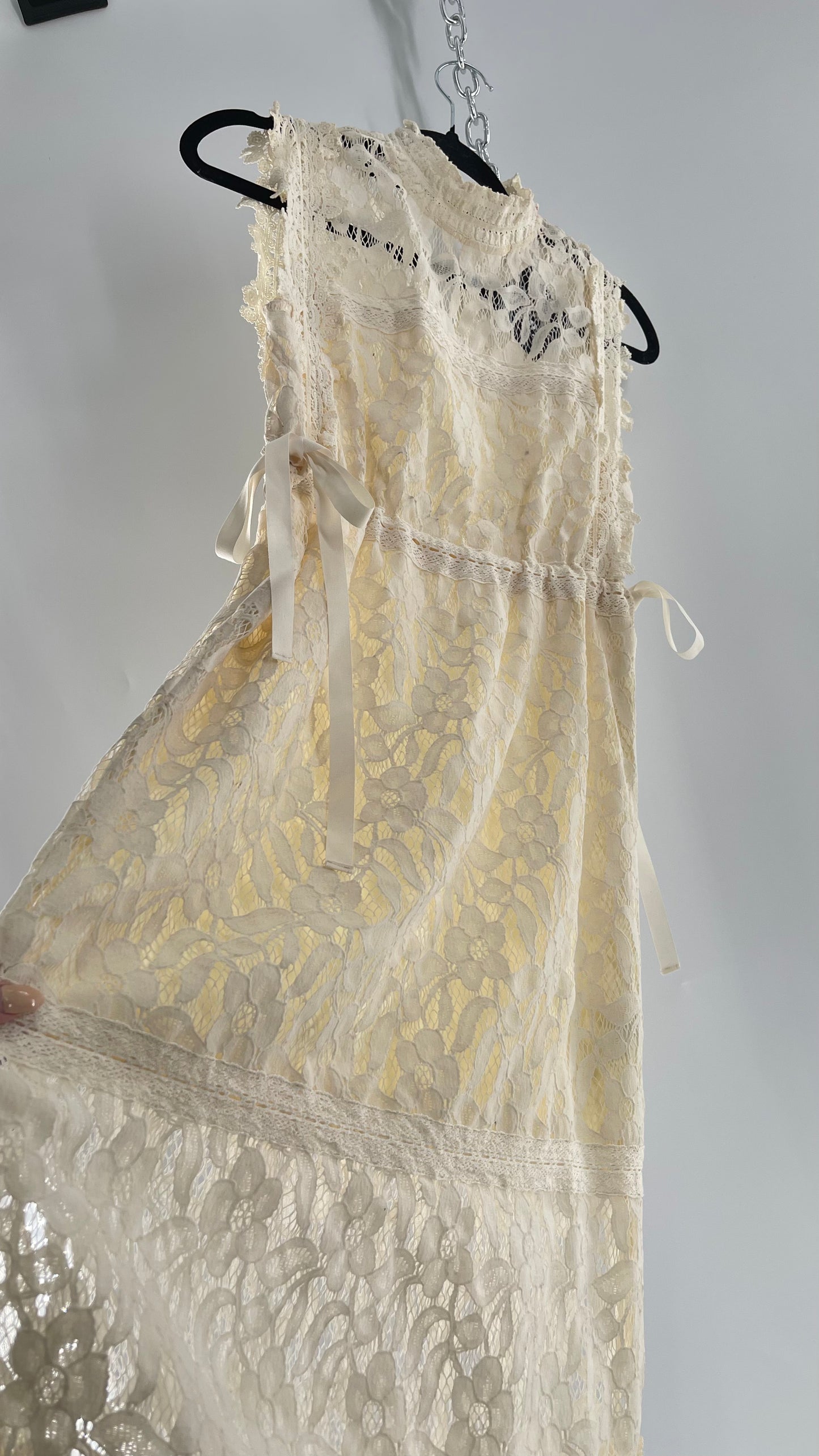 Eri + Ali Anthropologie Velvet Lace MIDI Dress with High Neckline and Side Bow Ties(XS)
