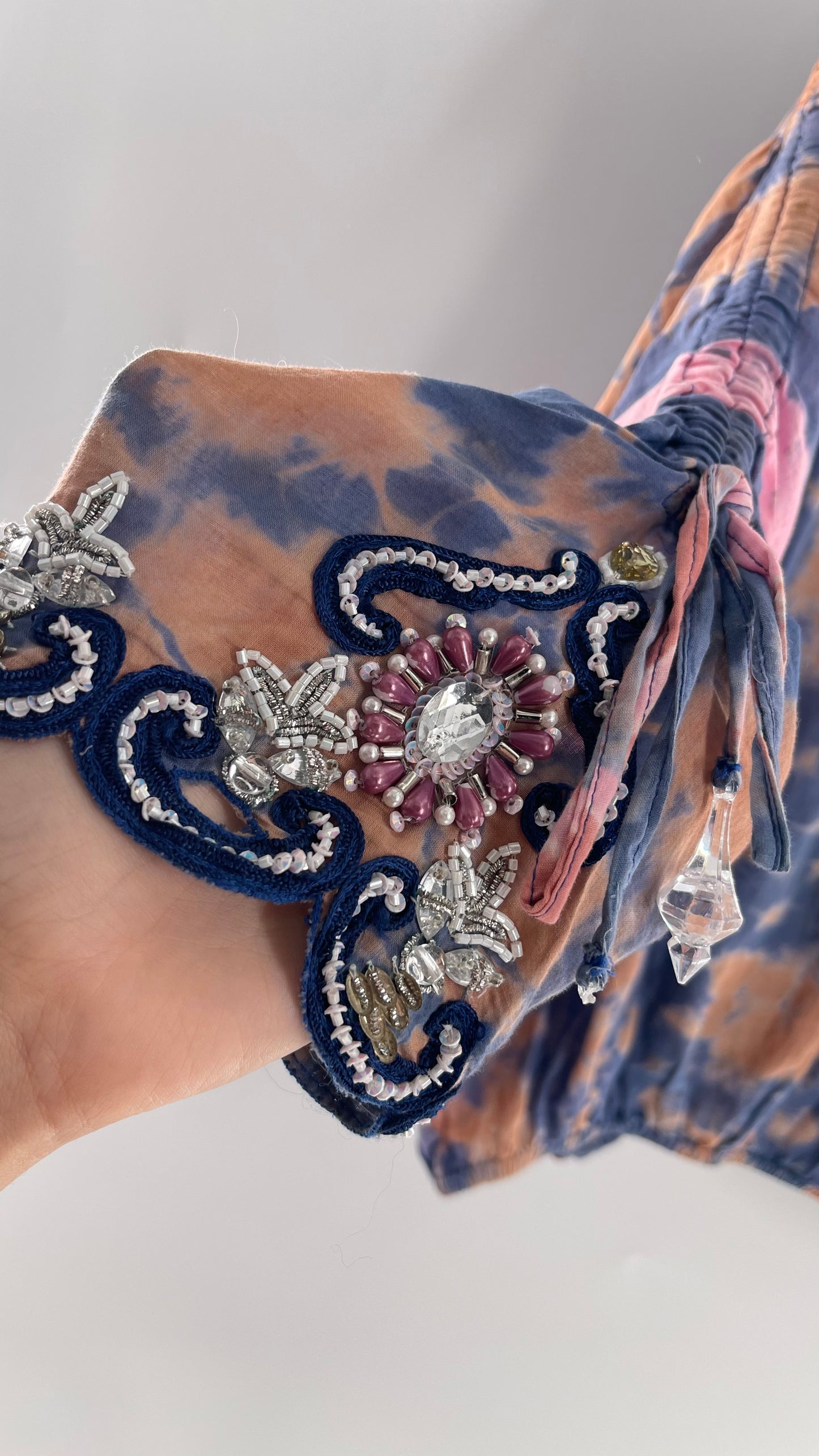 TAJ by Sabrina Crippa Tie Dye Blouse with Gemstone Encrusted Neckline and Ruched Beaded Sleeves (S/M)