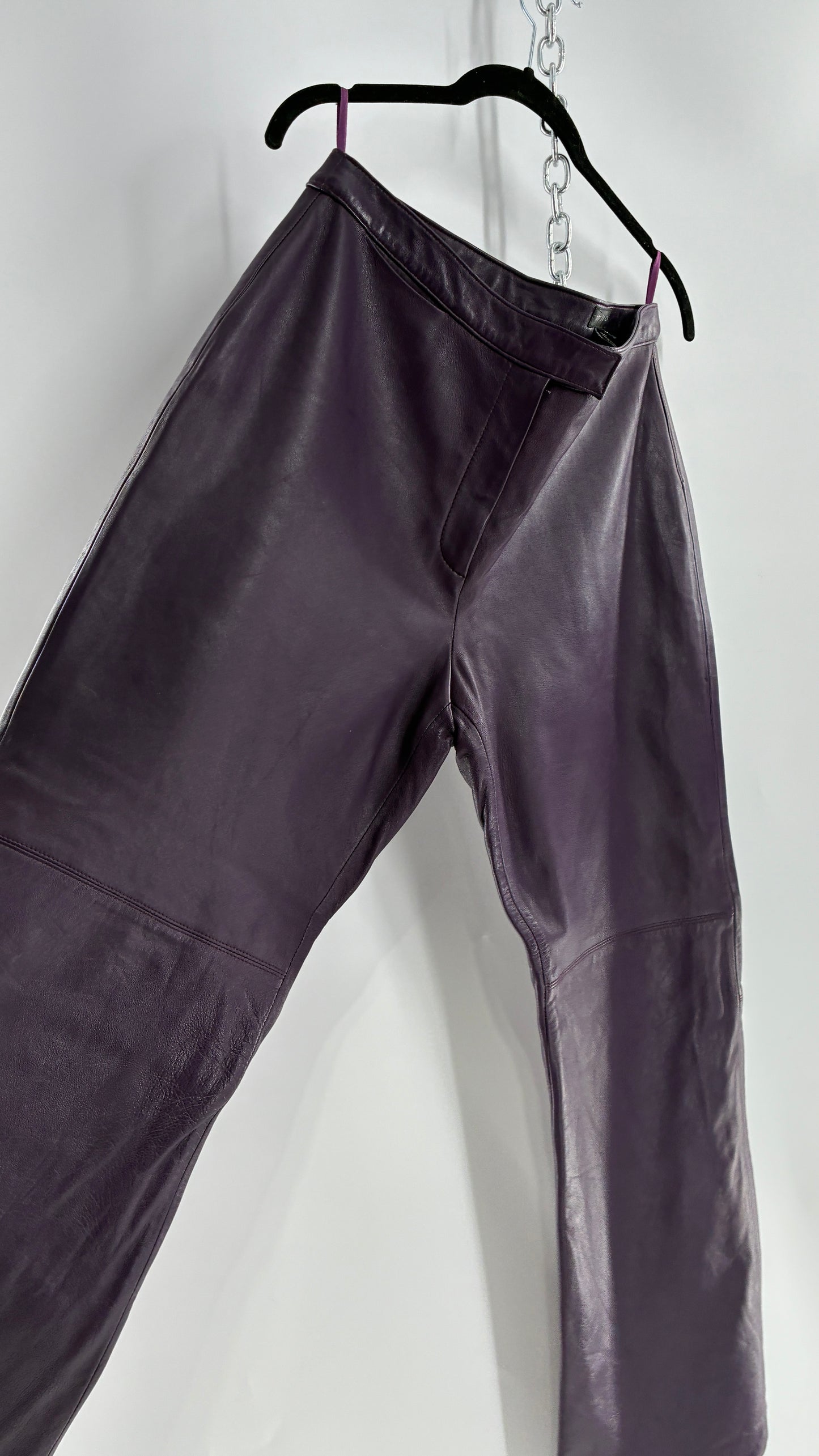 Vintage SHIN CHOI Genuine Italian Leather Purple Side Closure Low Rise Pants (12)