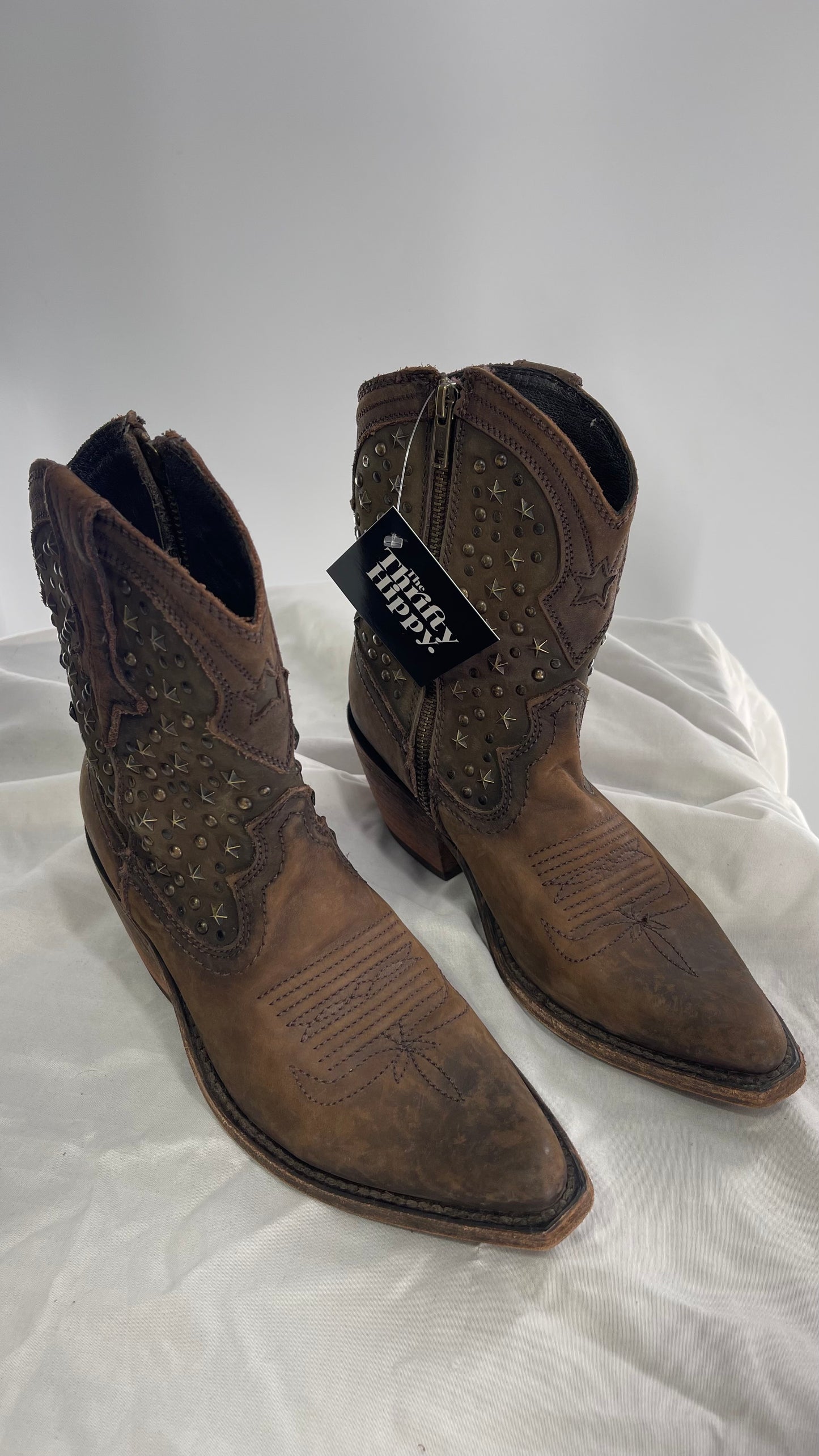LIBERTY BLACK Handmade in Mexico Leather Cowboy Boots with Star Studs (7.5)
