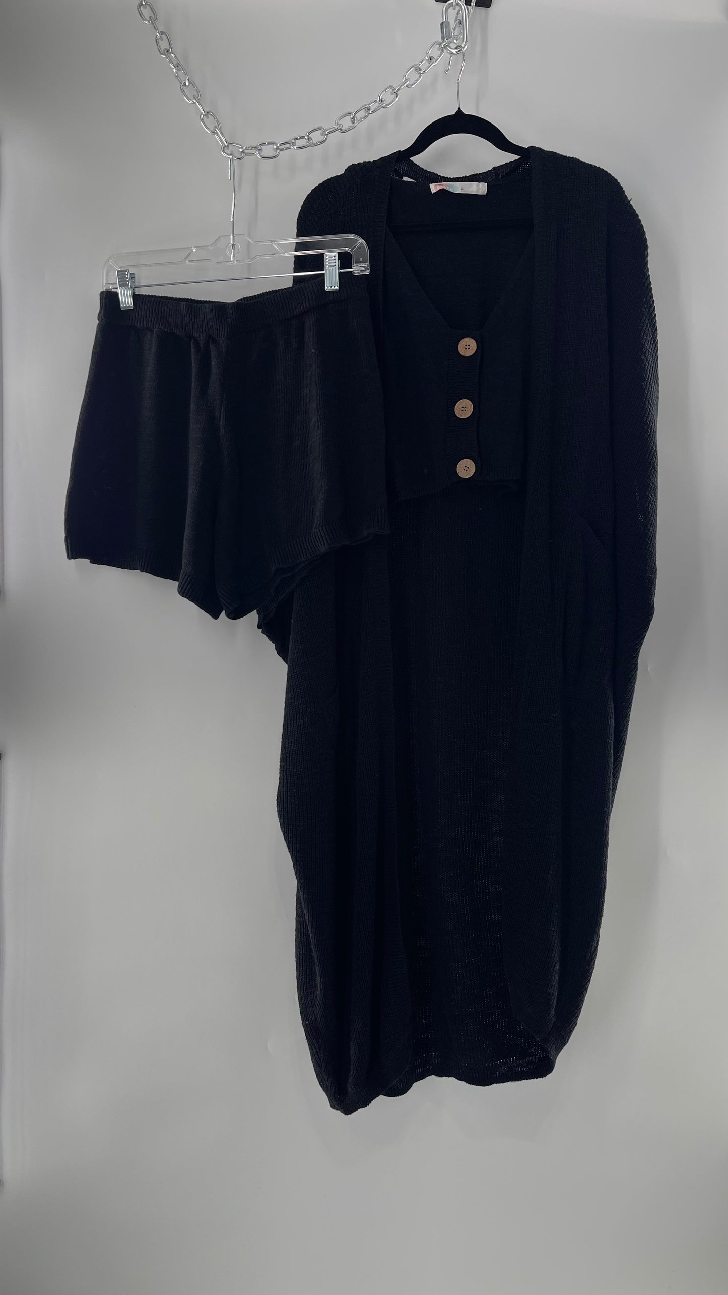 Free People Kai 3 piece Black Knit Cardigan, Tank, Shorts Set with Extra Button Never Worn (Medium)