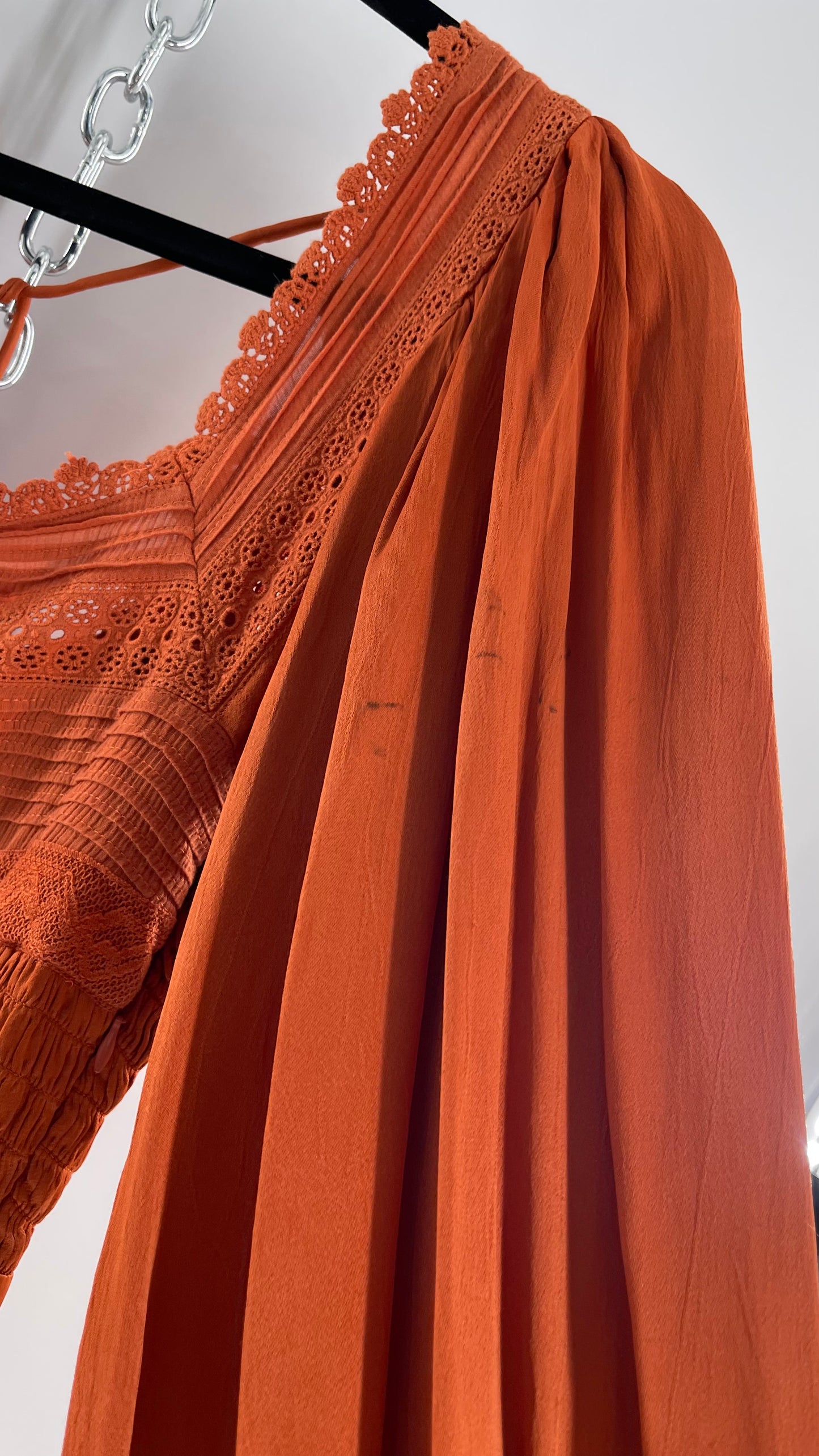 Free People Silky Orange Romper with Buttoned Sleeve Cuffs, Balloon Sleeves and Pleated Lace Bust (2)