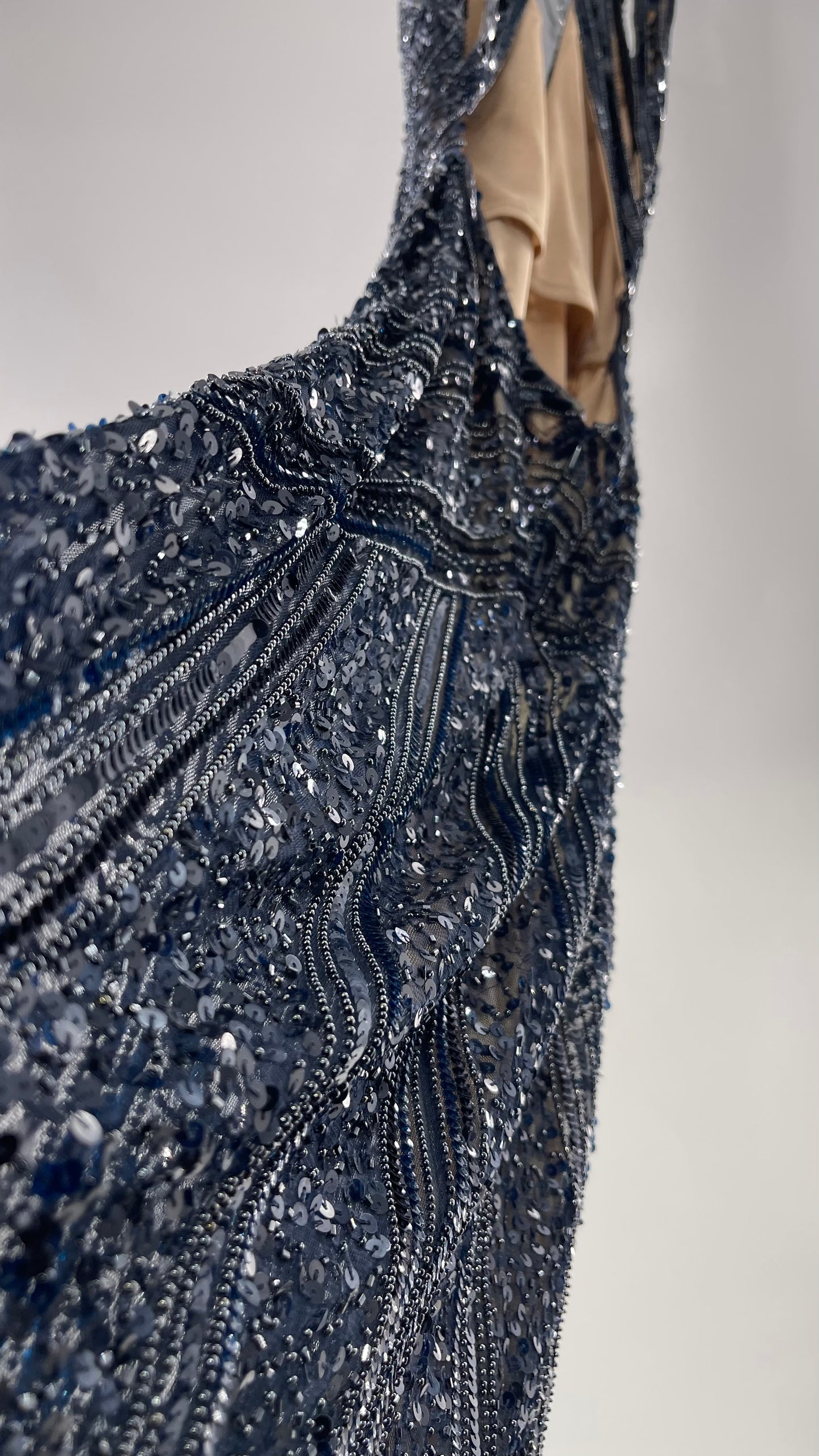 Vintage SCALA Navy Blue Beaded Floor Length Gown with Plunging Neckline, Backless Detail, and Tan Underlay (C)(4)