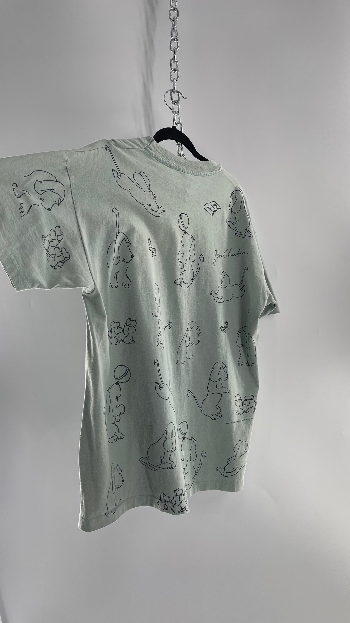 Vintage James Thurber Light Sage Nostalgic Puppy Doodle Comic Sketch T Shirt (XL)