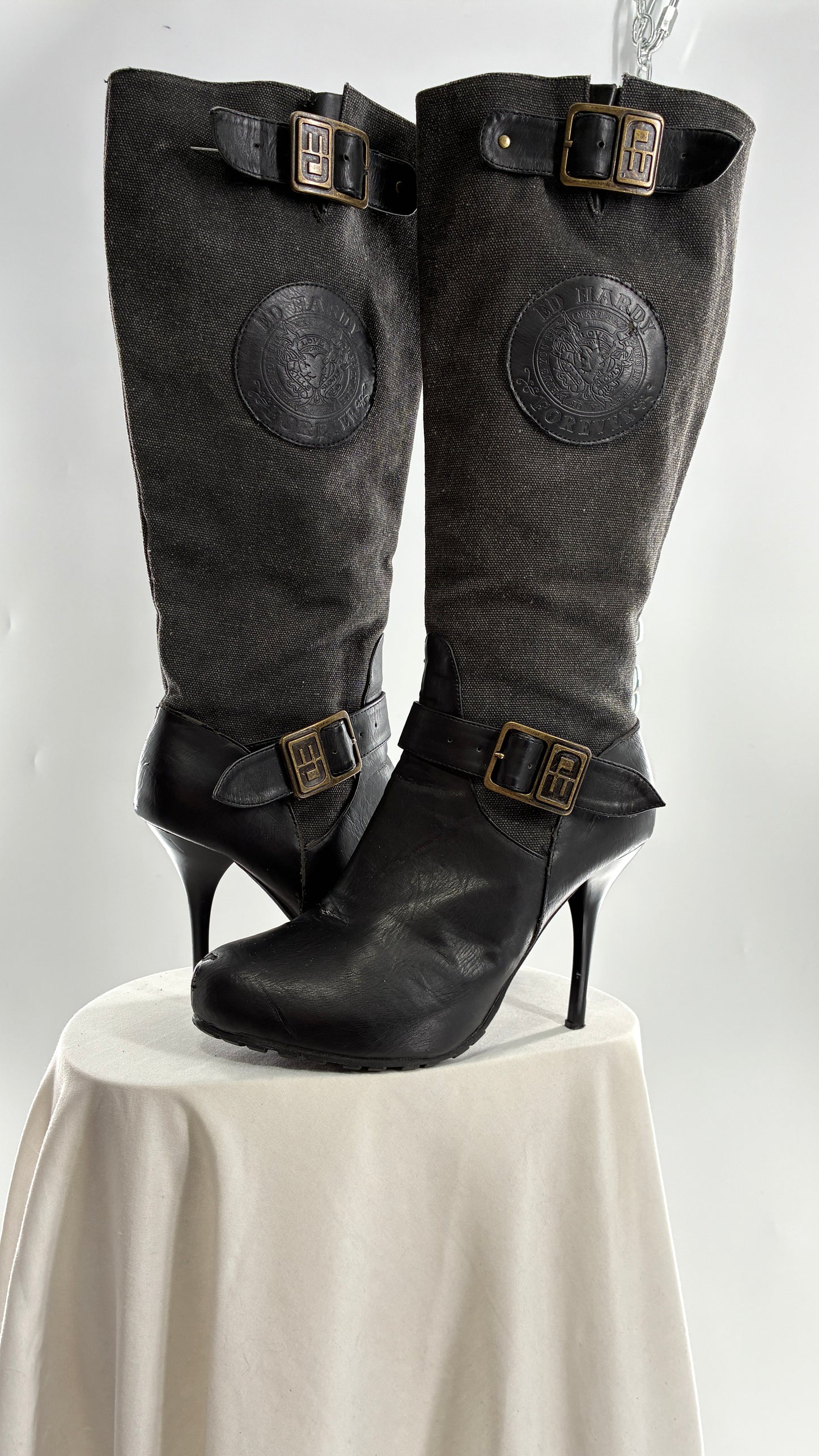 Vintage ED HARDY Stiletto Boots with Embossed Buckles and Badges (9)