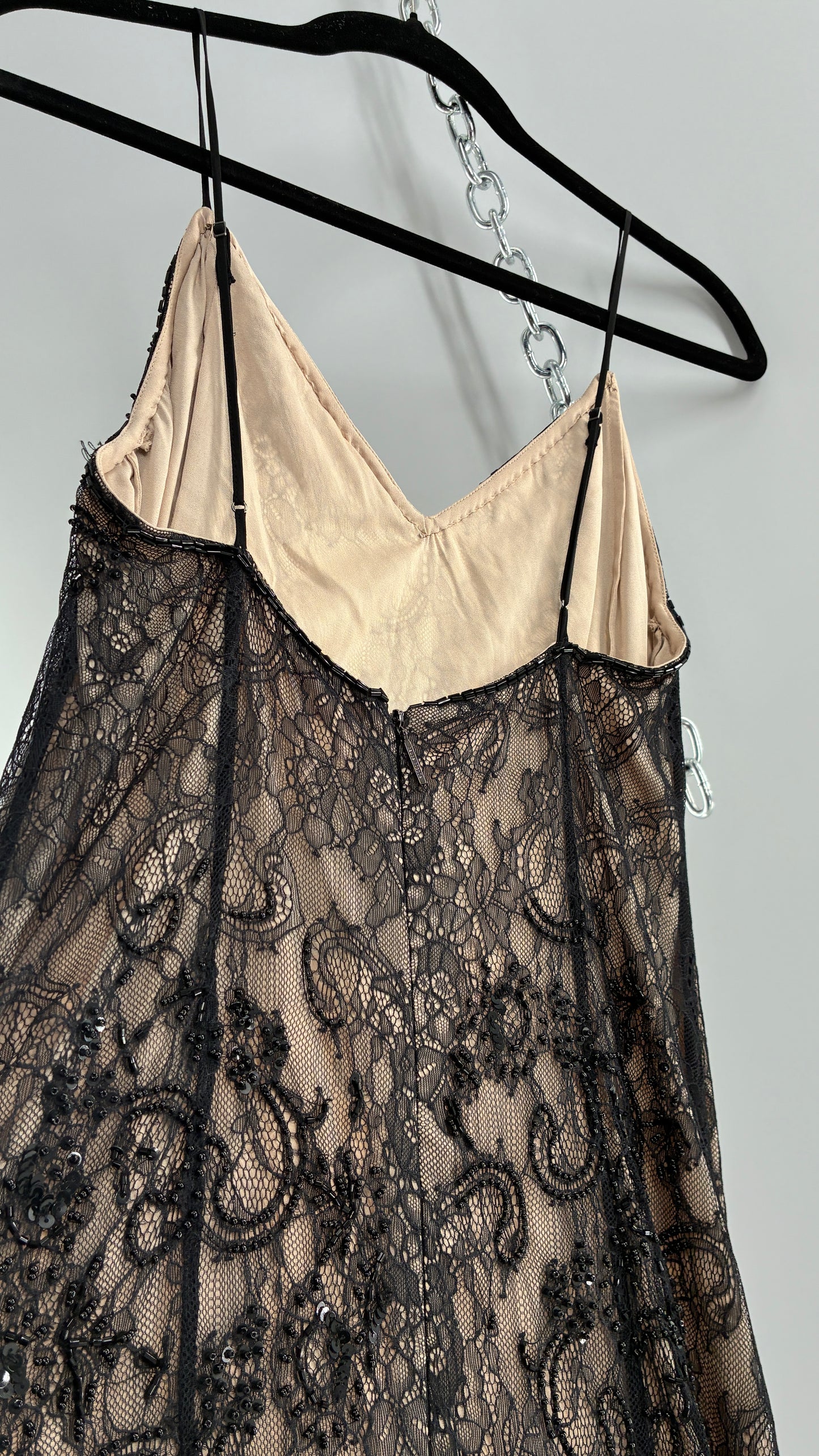 Vintage Haute Hippie Black Lace Nude Underlay Dress with Pointed Heavily Beaded Fringe Hem (2)