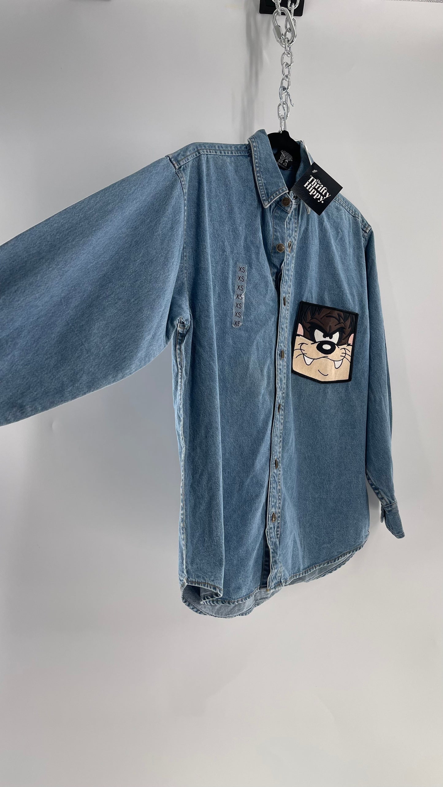 Deadstock Vintage Warner Bros Looney Tunes Denim Longsleeve with Embroidered Taz Pocket (XS/S)