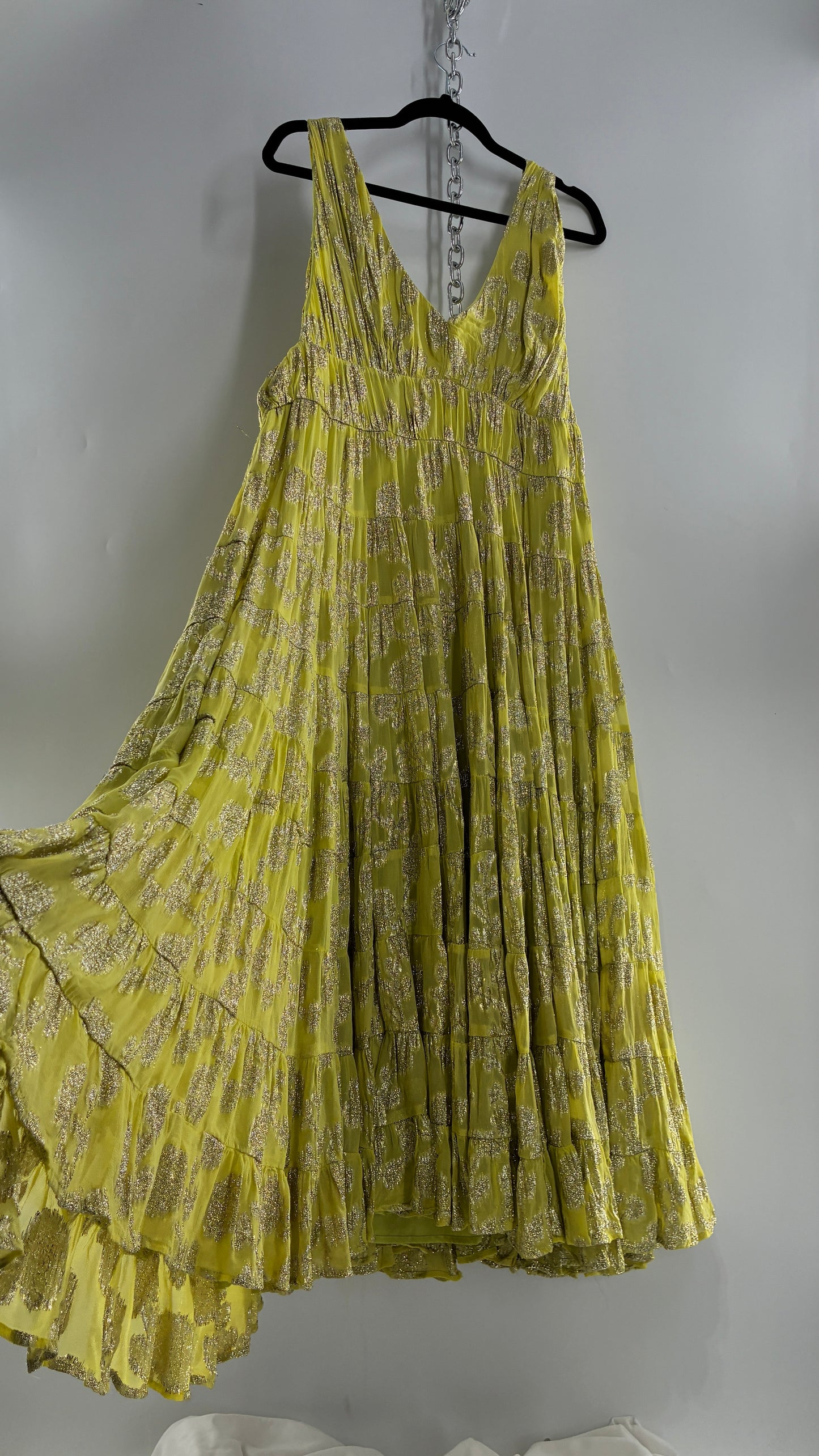 LET ME BE Lime Yellow/Green Ultra Voluminous Tiered Dress with Gold Metallic Jacquard Appliqué Pattern (XL)