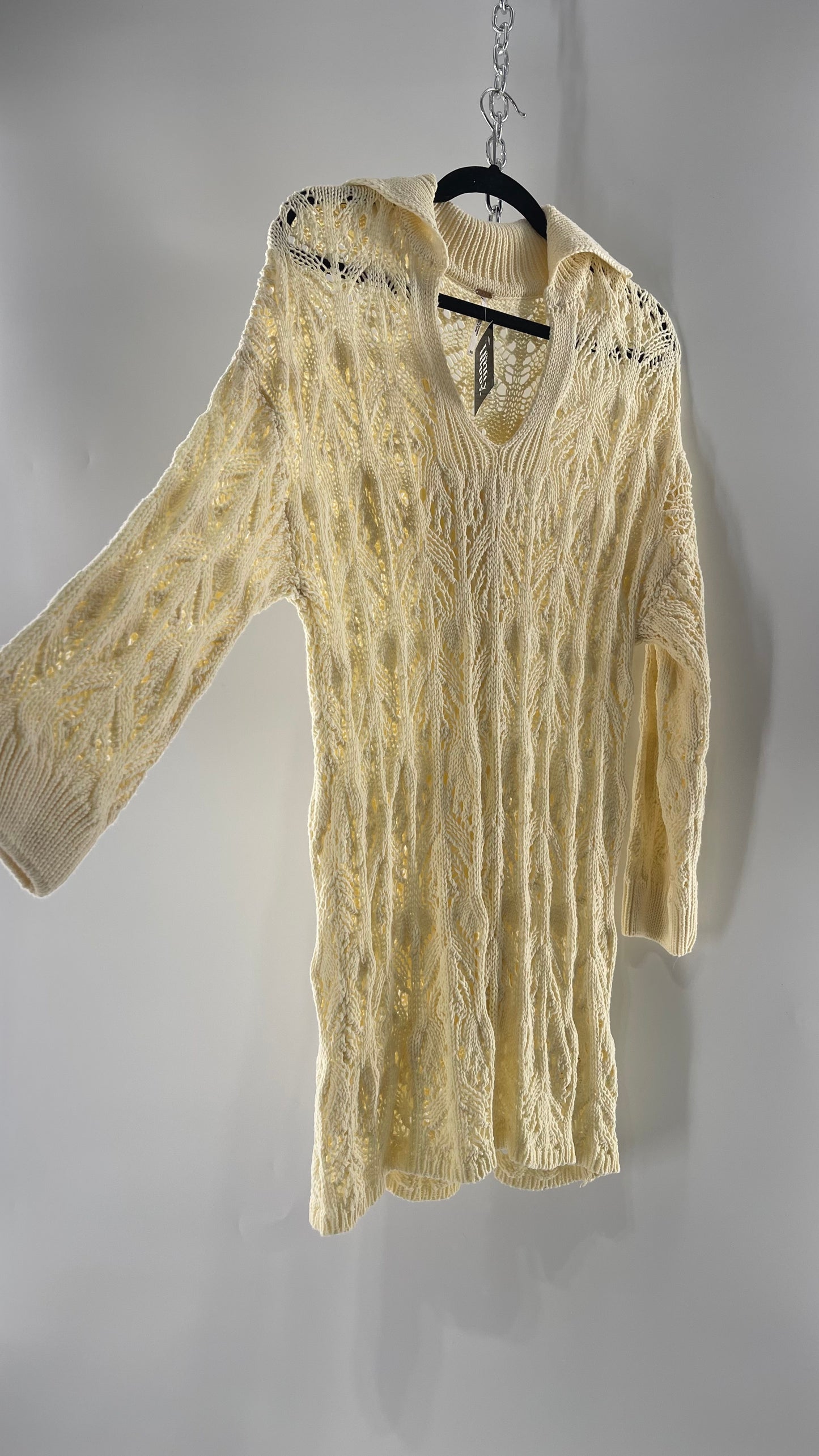 Free People Baby Yellow Comfy n Cozy Open Stitch Knit Sweater Dress (XS)
