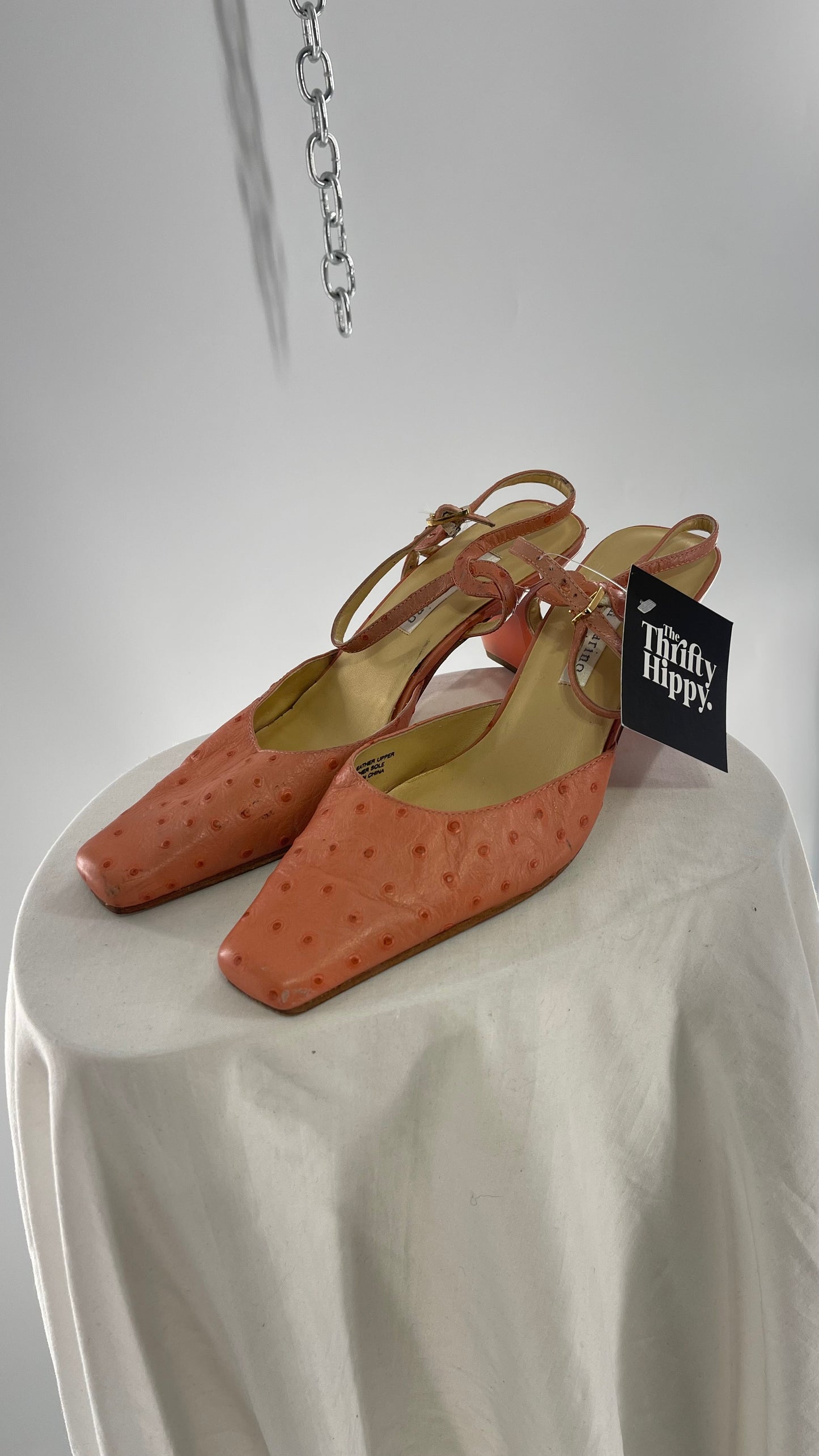 Vintage 1990s Ann Marino Pink Peach Genuine Leather Sling Back Pointed Square Toe Kitten Heel (8)