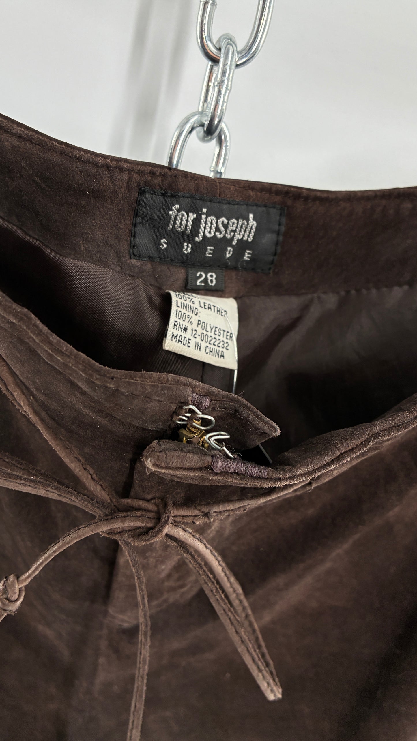 Vintage FOR JOSEPH Low Rise, Chocolate Brown Suede Pants with Leather Stitch Sides and Bow Closure (28)