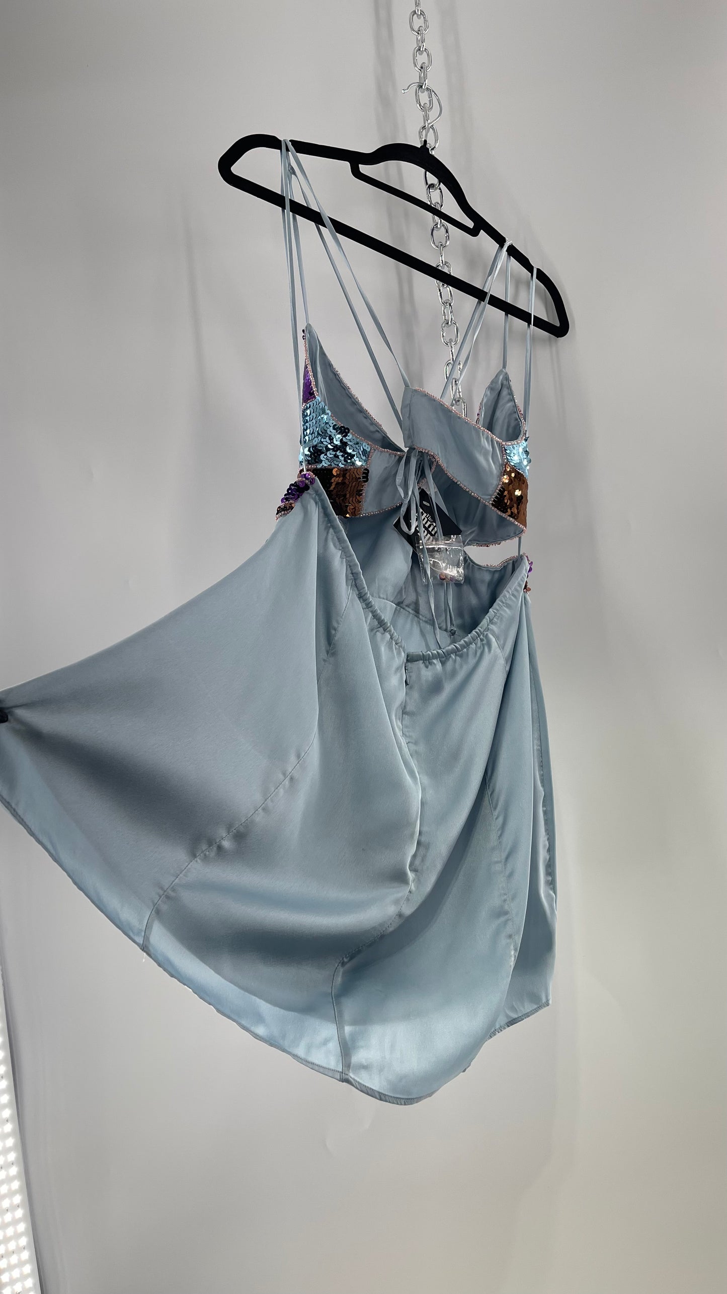 Urban Outfitters Light Blue Satin Butterfly Sequin Size L