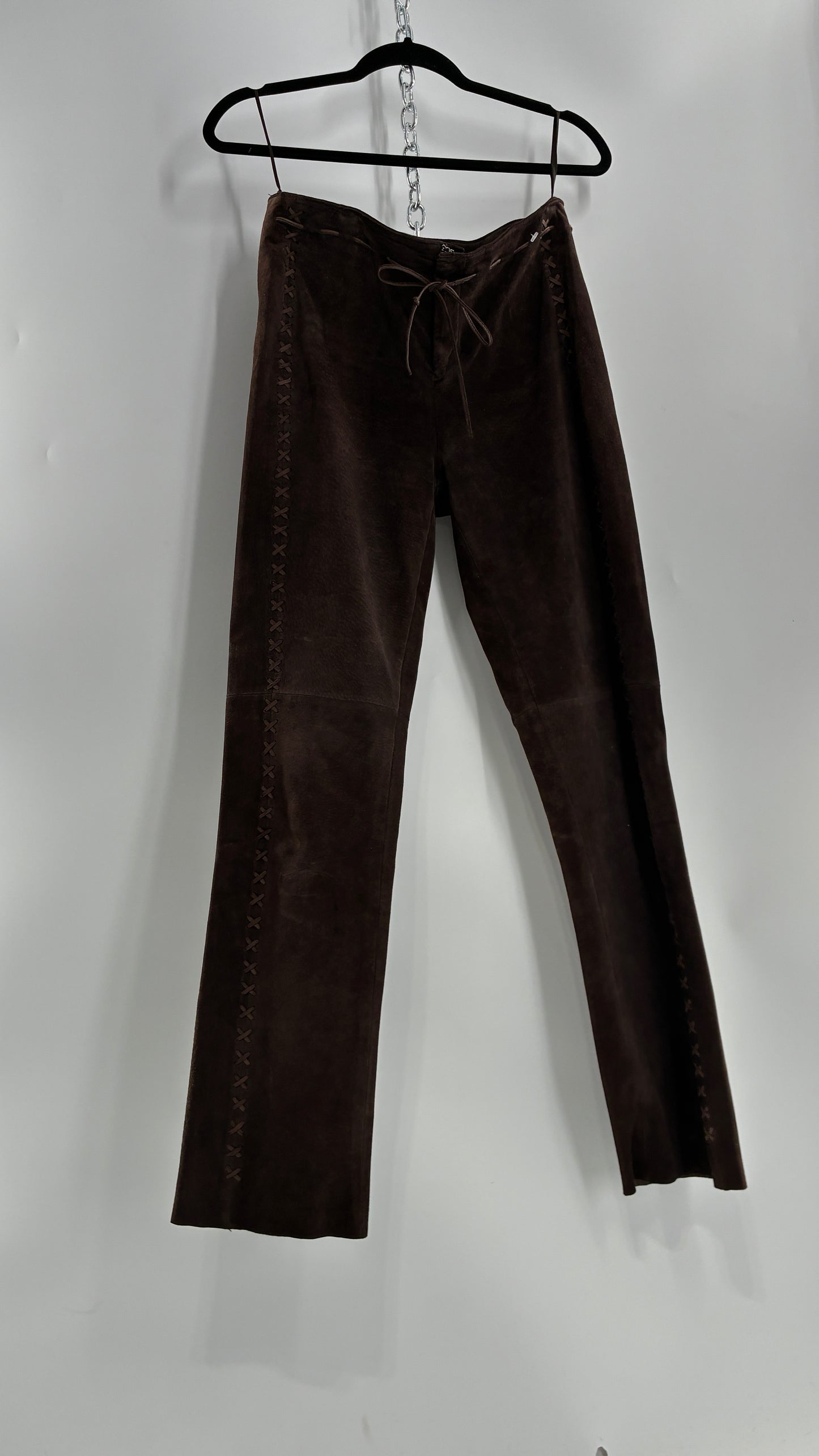 Vintage FOR JOSEPH Low Rise, Chocolate Brown Suede Pants with Leather Stitch Sides and Bow Closure (28)