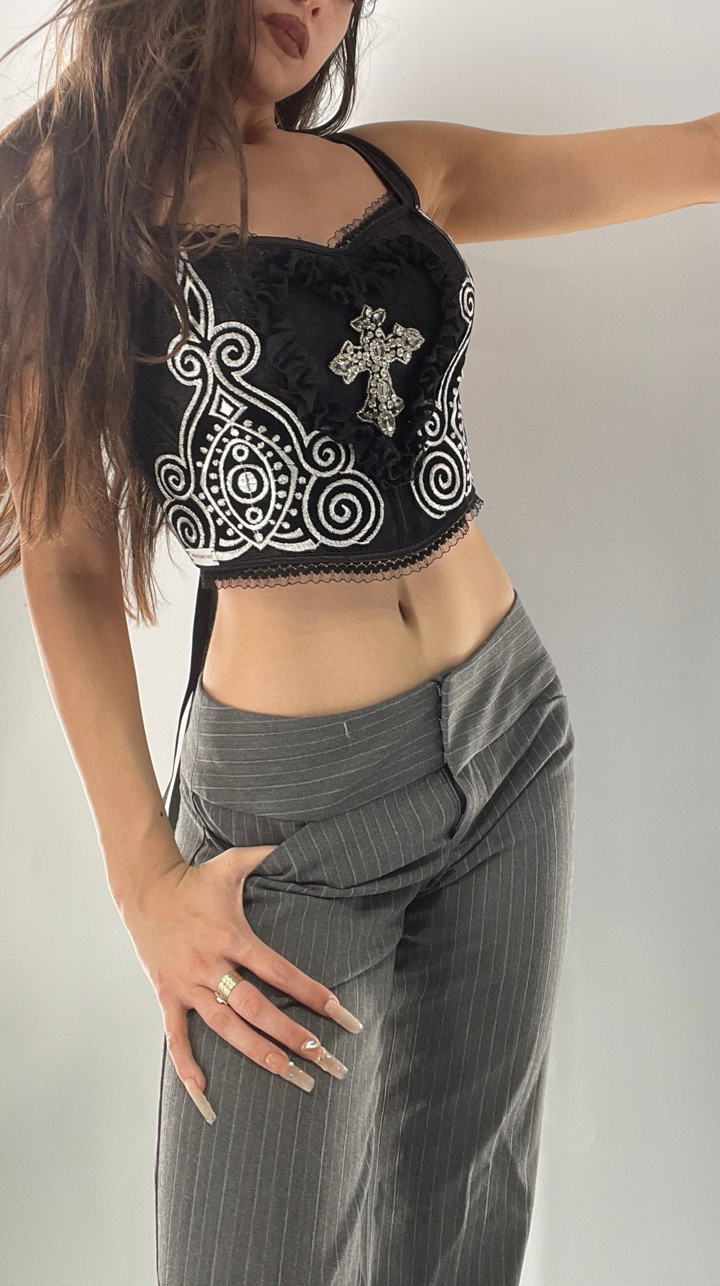 Custom Corset Handmade with Appliqués, Embroidery, Gemstones, Lace and Ruffles (S/M)