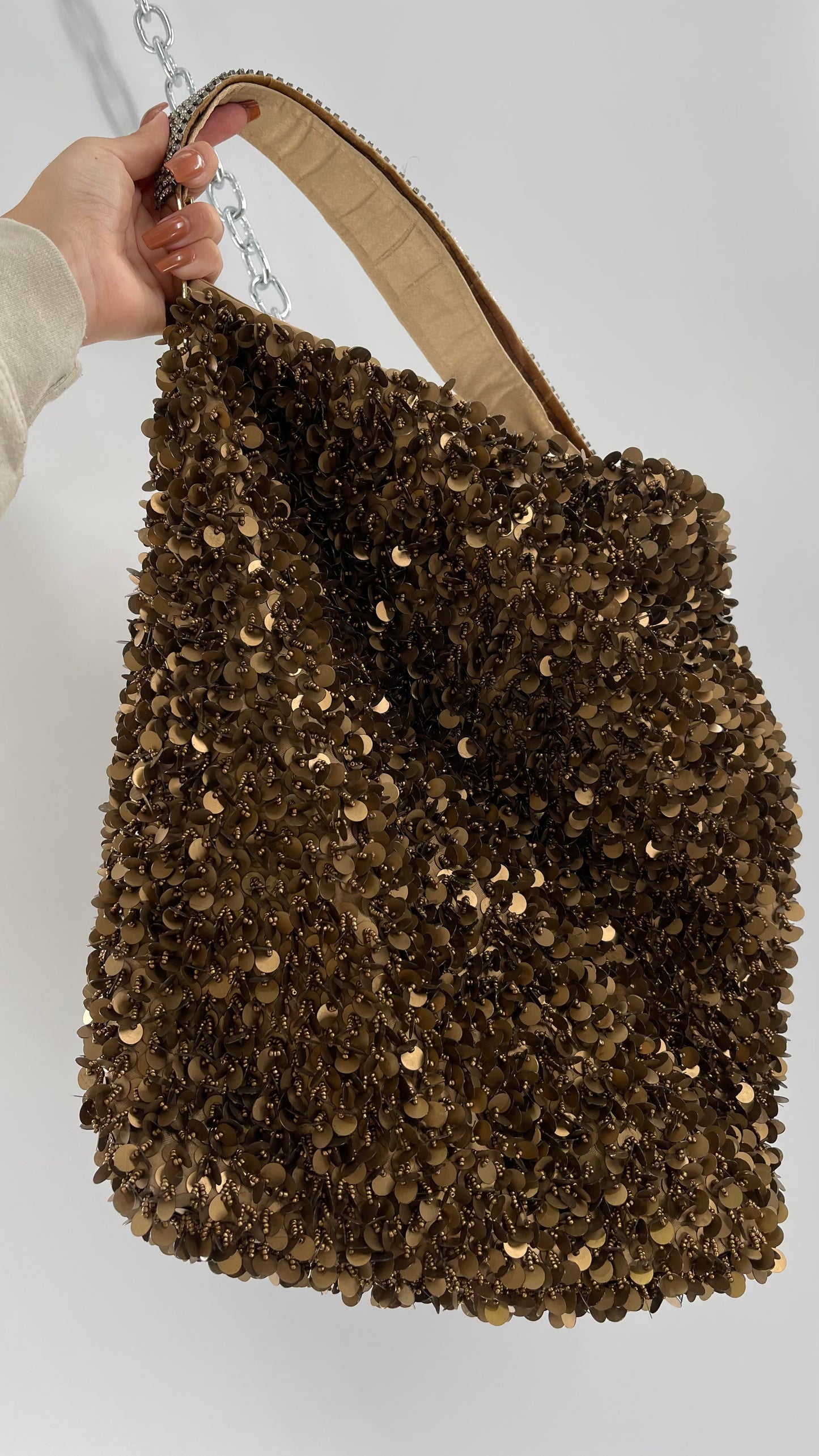 Deadstock The Find Marvelous Bronze Beaded Sequin Tote Bag with Gemstone Strap