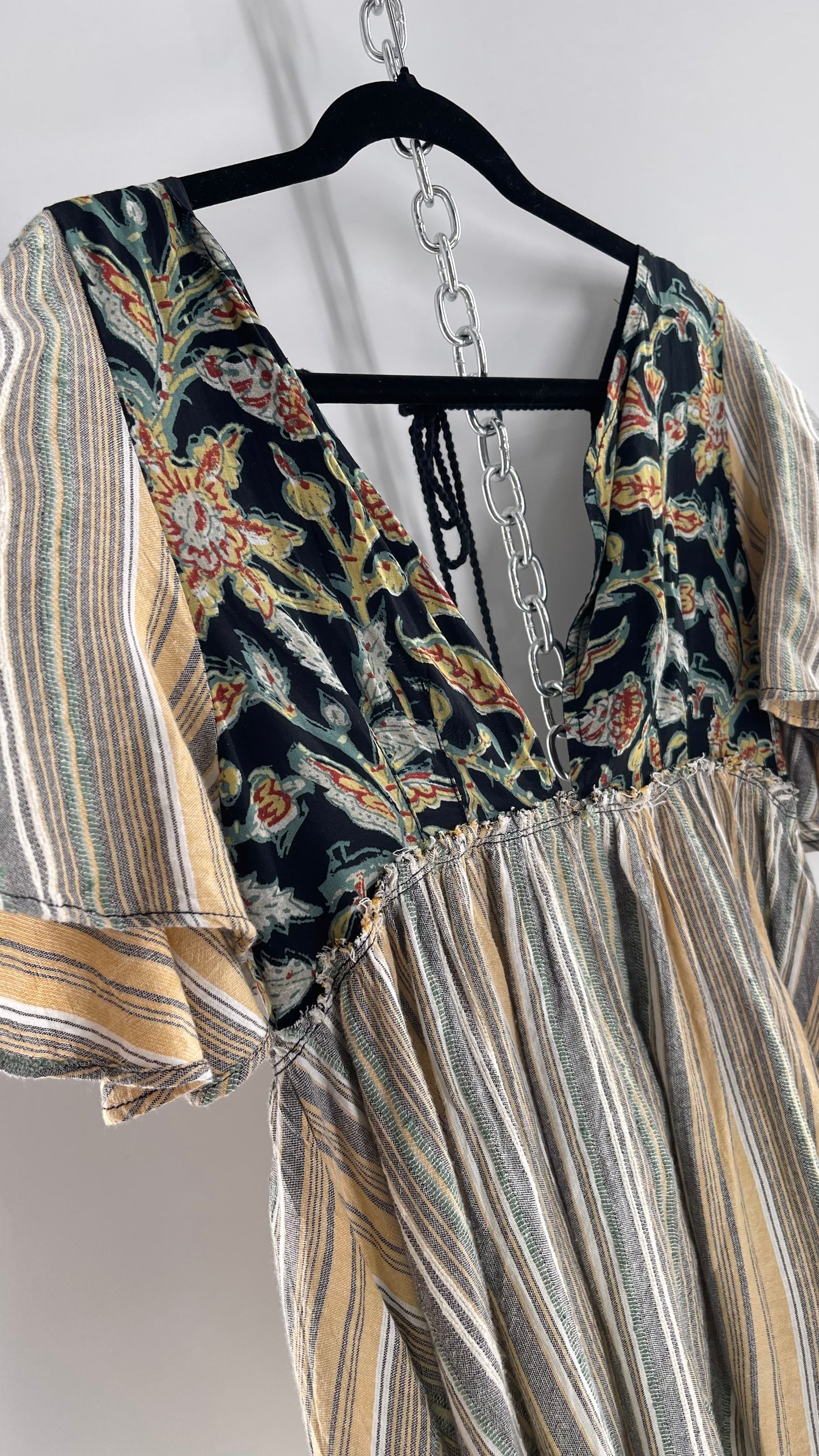 Free People Dual Fabric Floral/Woven Boho Babydoll Mini Dress (XS)