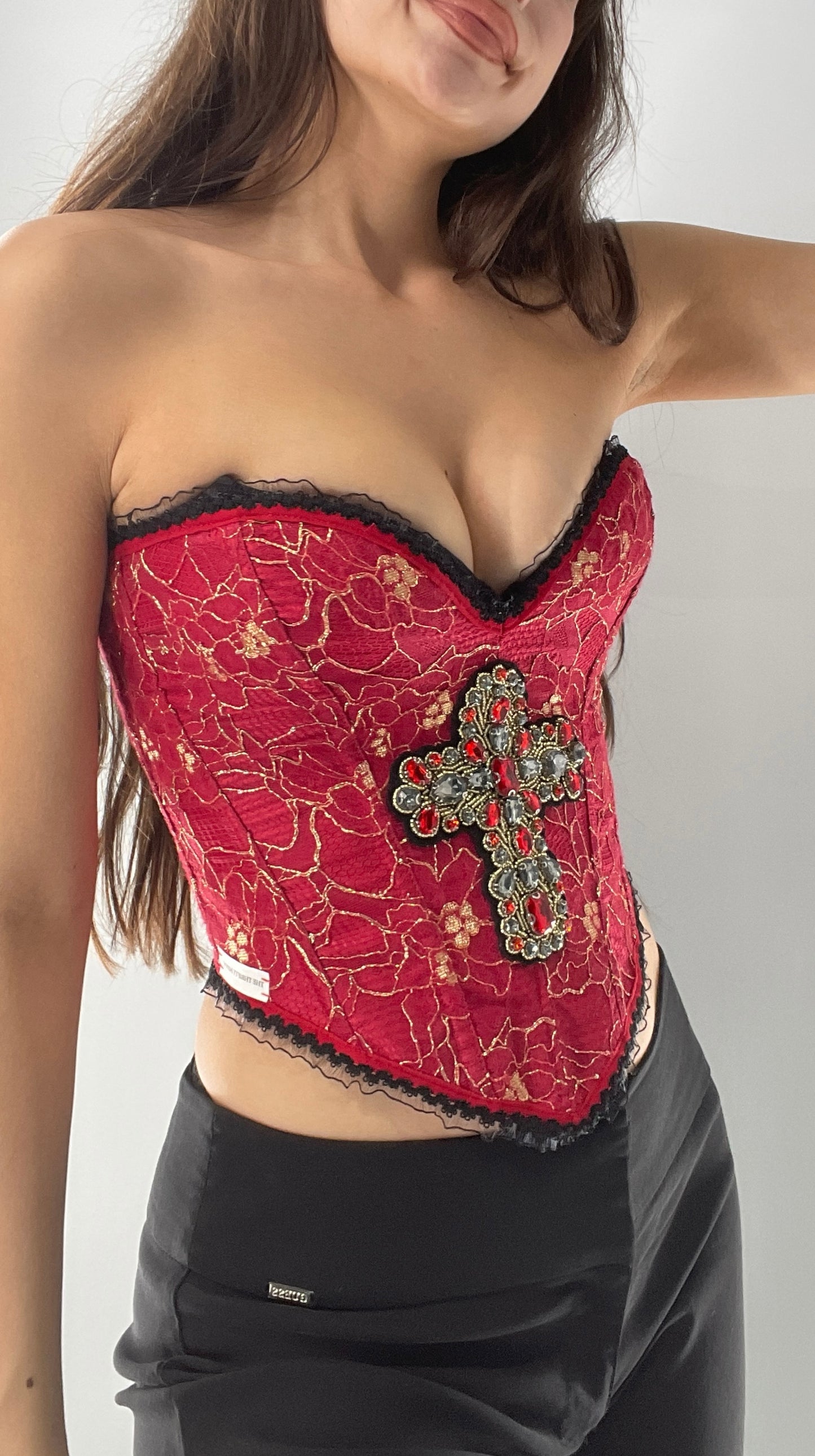 Custom Red Lace Corset with Beaded Cross Appliqué and Lace Trim (XS/S)