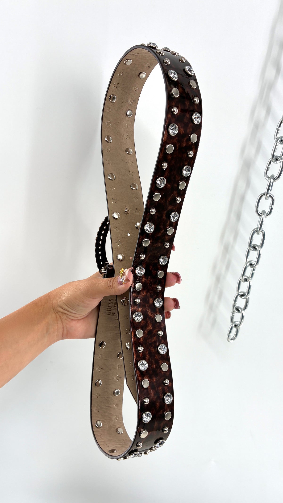 Vintage GUESS Glossy Tortoise/Cheetah Belt Covered in Studs, Crystals and Iconic Buckle (Large)