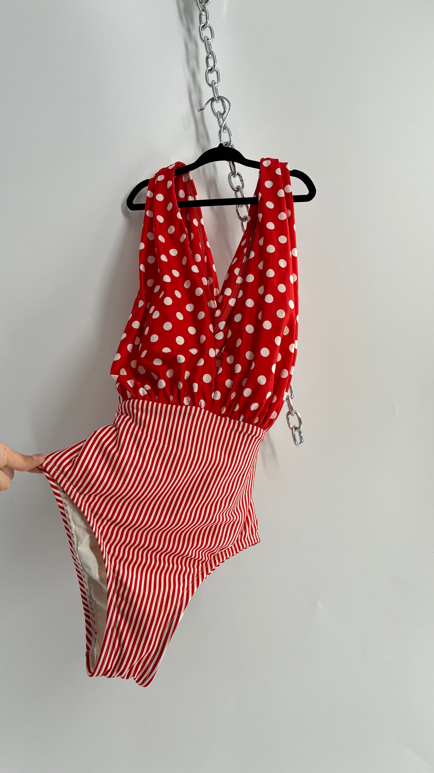 ALLIHOP Anthropologie Red and White Retro Thick Striped and Polka Dotted Bikini with Open Criss Cross Back (Small)
