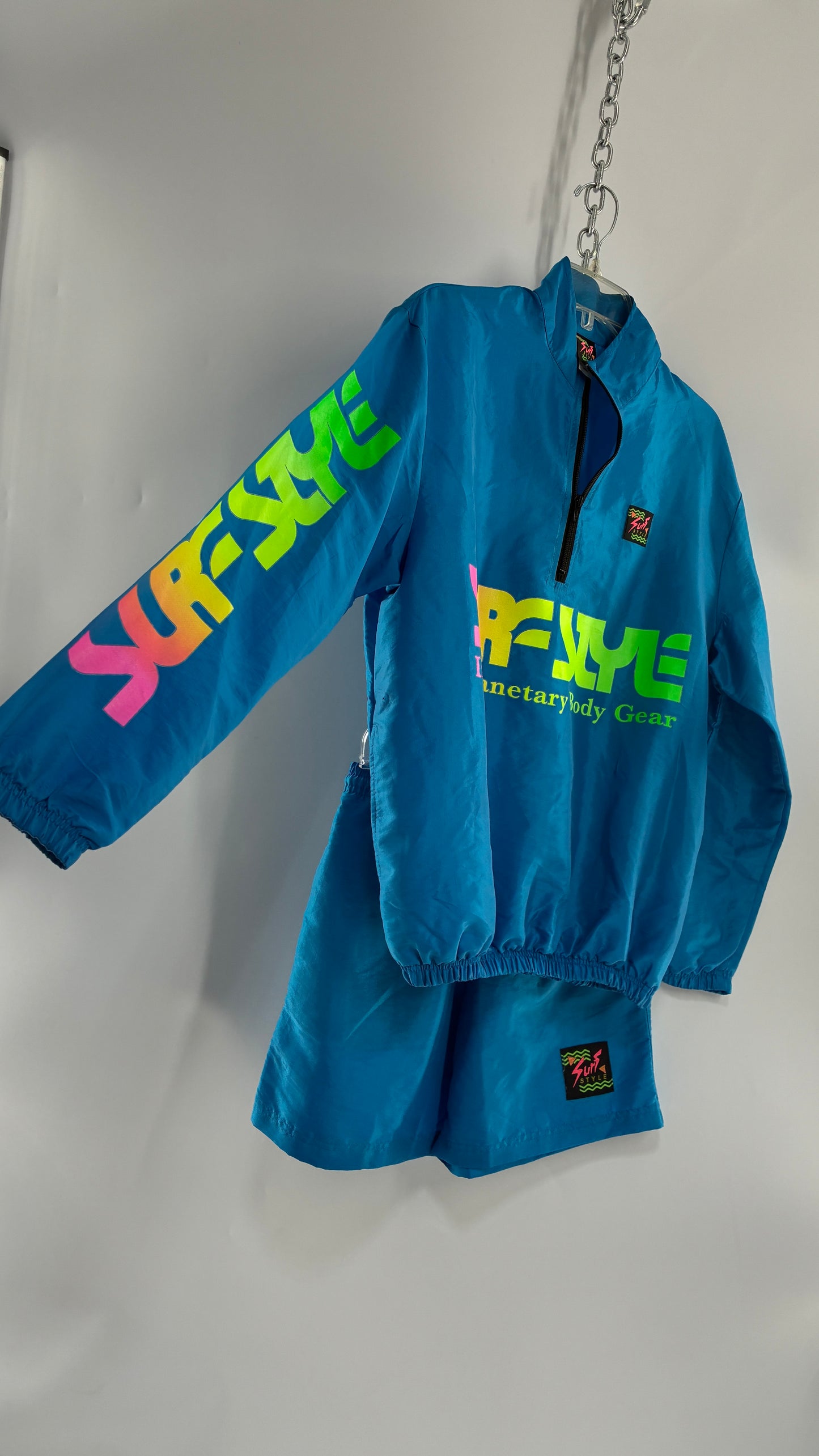 Vintage 1980s SURF STYLE Unisex Blue Track Workout Set with Windbreaker and Shorts, Neon Graphics (Small)