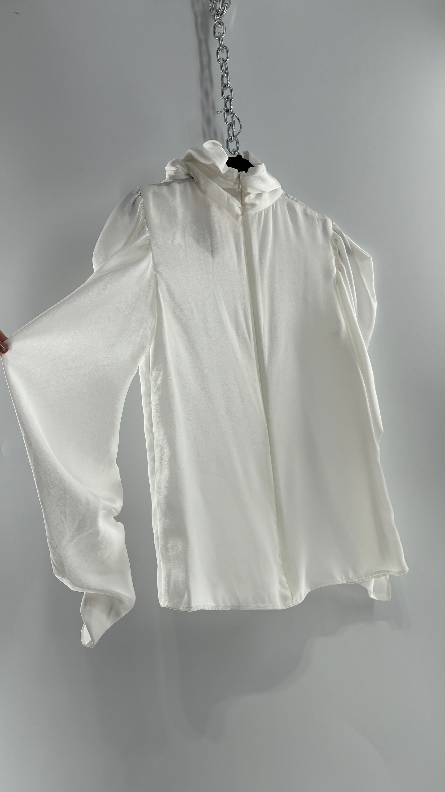 KEEPSAKE Anthropologie White Puff, Balloon Sleeve Blouse with Neck Tie Detail (XS)