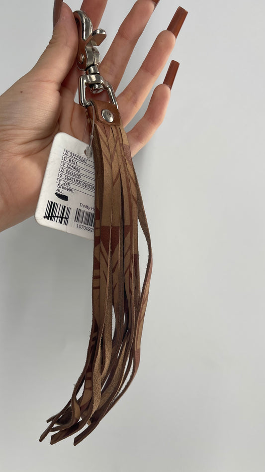 Free People Patterned Leather Tassel Keychain Ring with Tags Attached