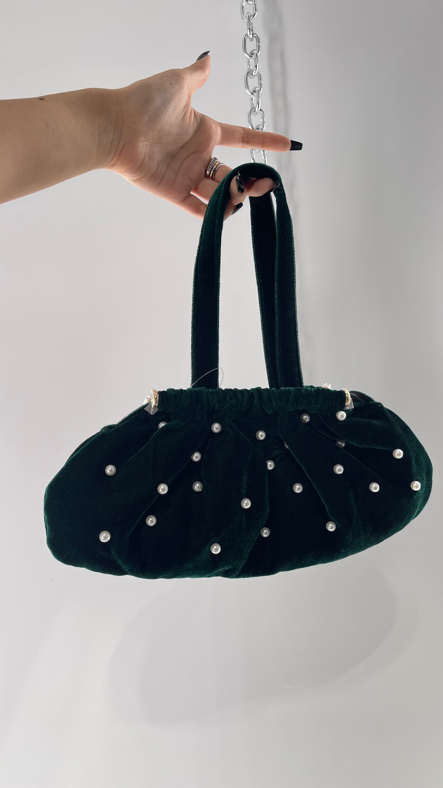 Vintage Deep Green Velvet Purse Covered in Pearls, and Featuring Gold Metal Closure Still Lined in Protective Plastic
