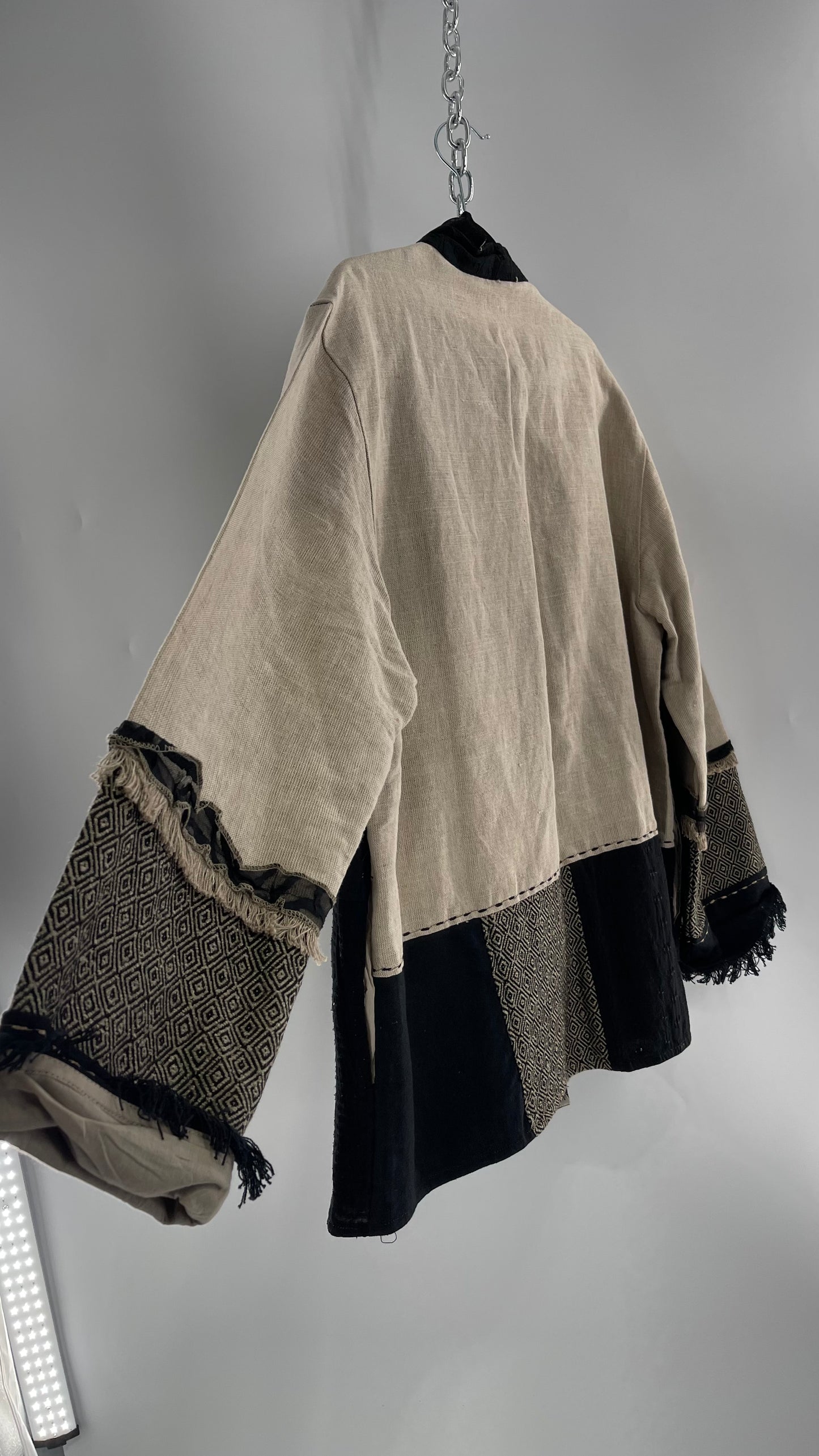 Deadstock Vintage Flashback Patchwork Coat with Mixed Neutral Fabrics, Embroidery and Fringe Details (Large)