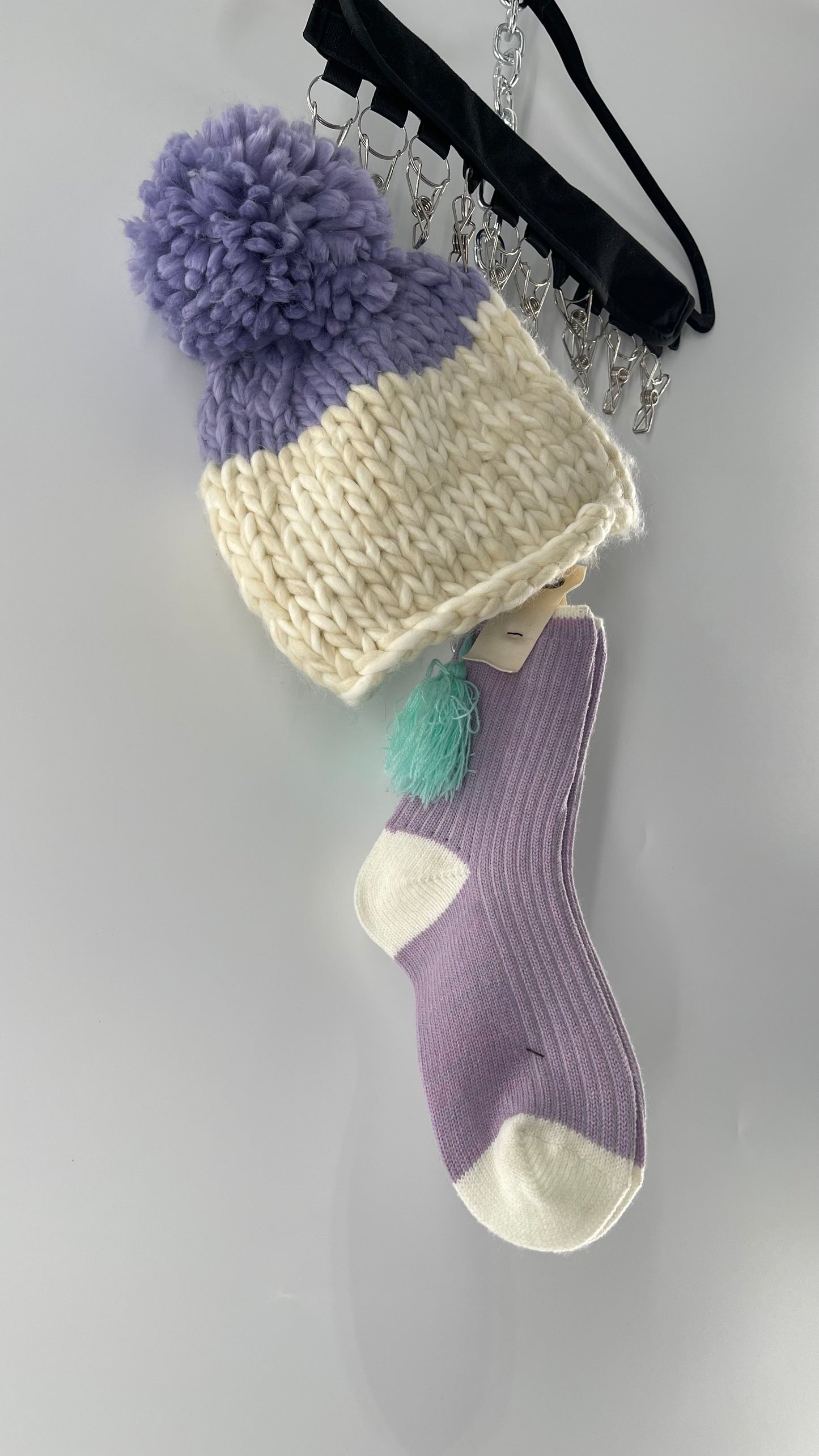 Free People Lavender Purple and White Knit Beanie and Sock Set