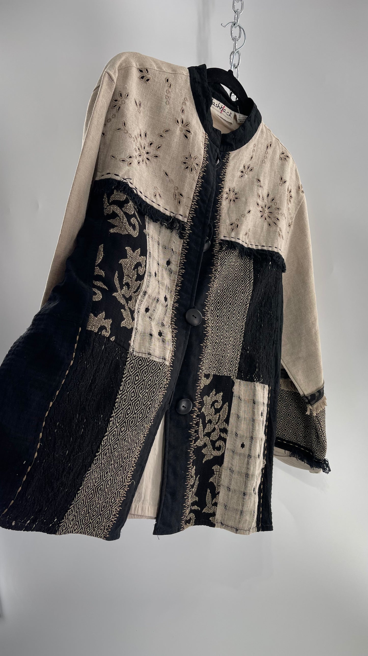 Deadstock Vintage Flashback Patchwork Coat with Mixed Neutral Fabrics, Embroidery and Fringe Details (Large)