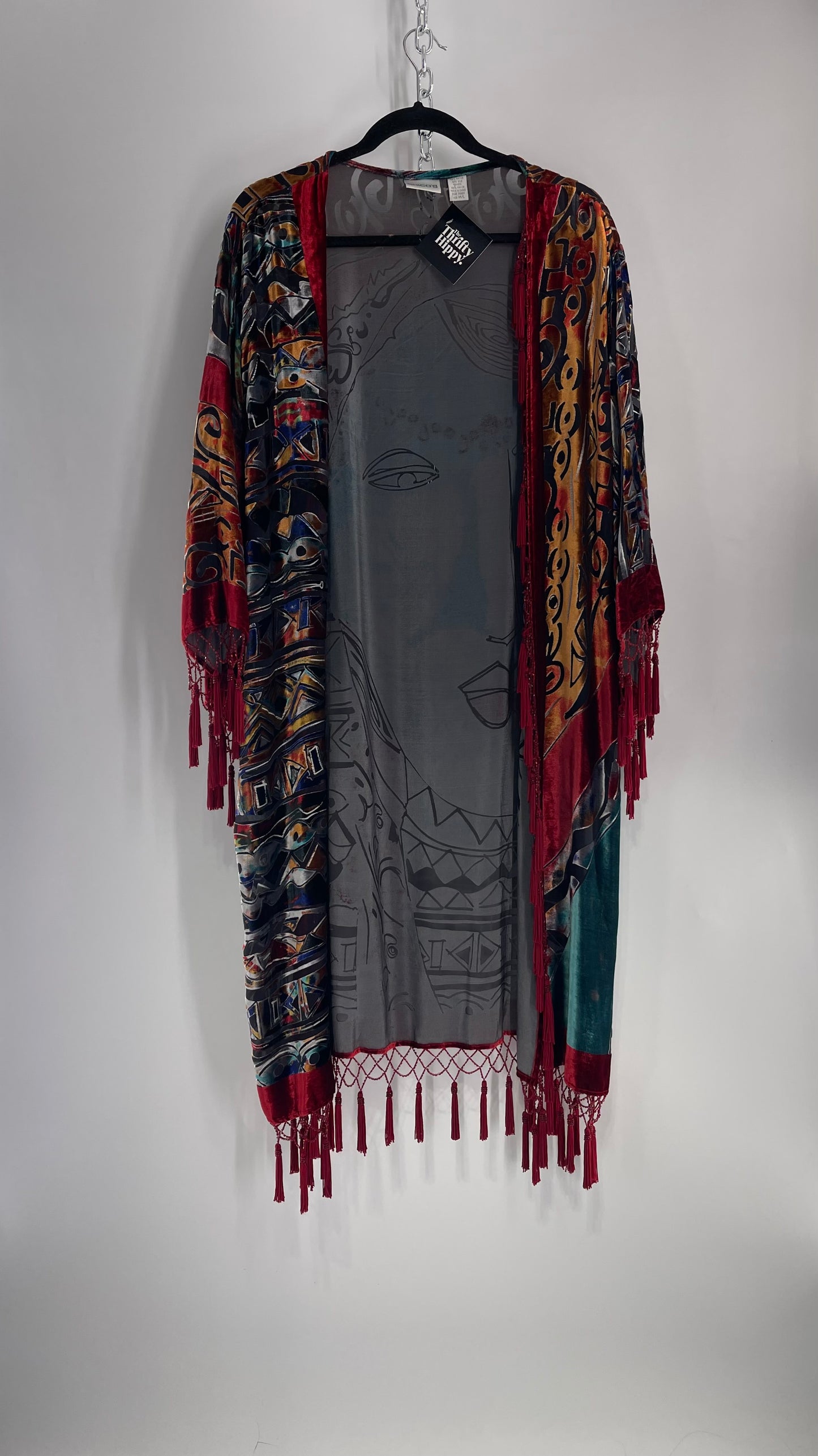 Vintage Burnout Buddhist Motif Velvet/Velour Beaded Fringe Duster Coat/Kimono with Tassel Sleeves and Hems (M/L)