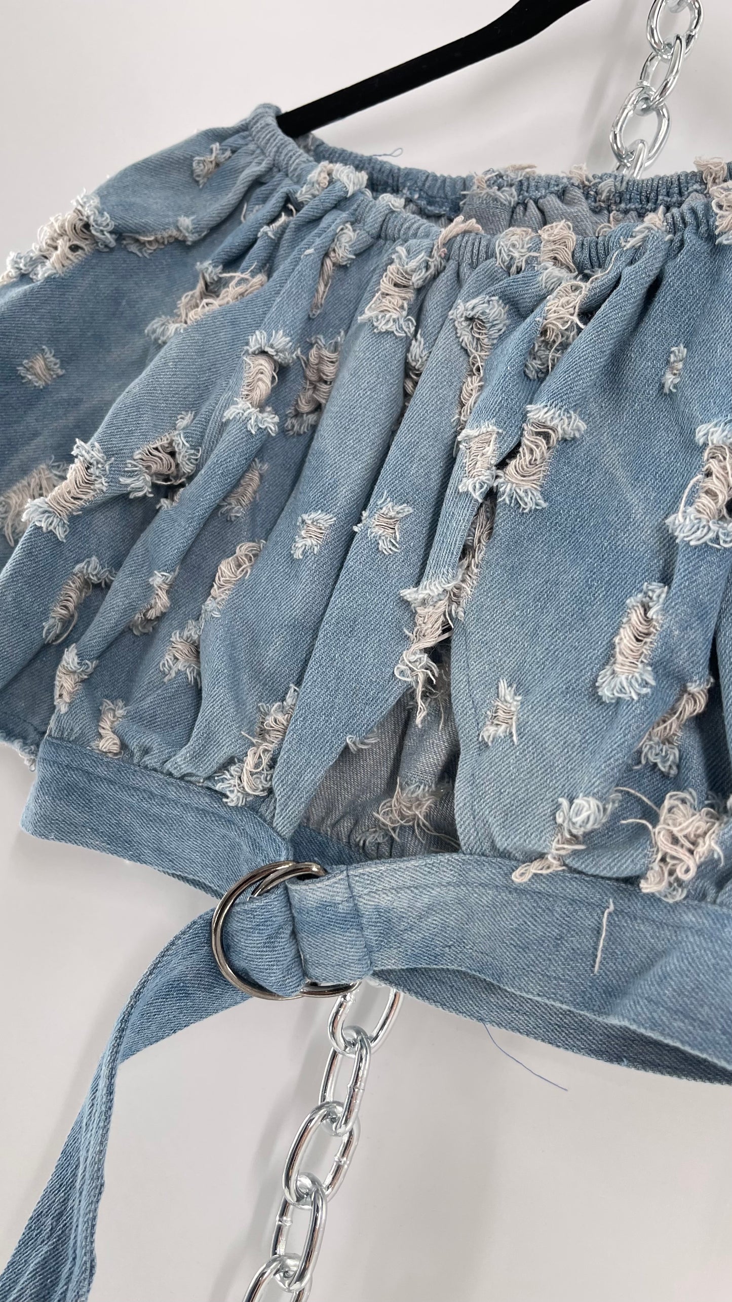 Homage Distressed Denim Crop Top with Keyhole Bust Cutout and Buckle (Medium)