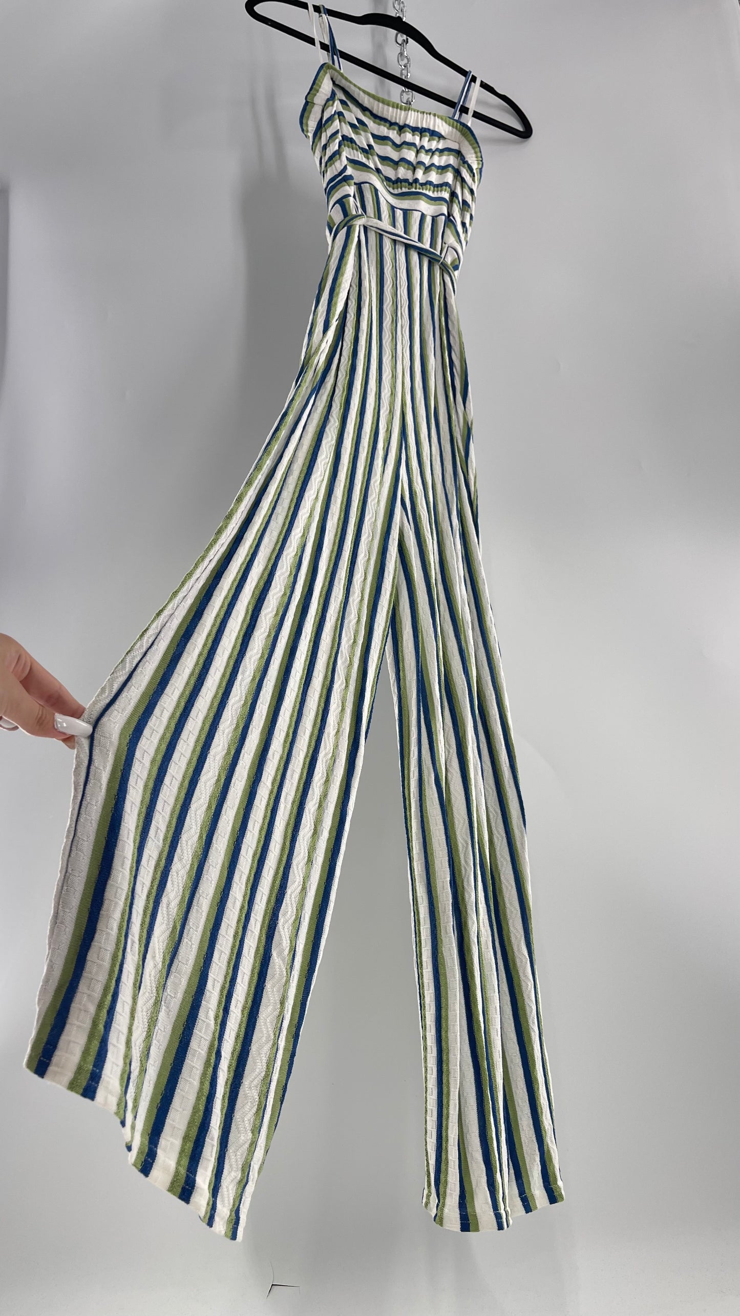 Maeve Anthropologie Woven Green/Blue/White Wide Leg Jumpsuit (Small)