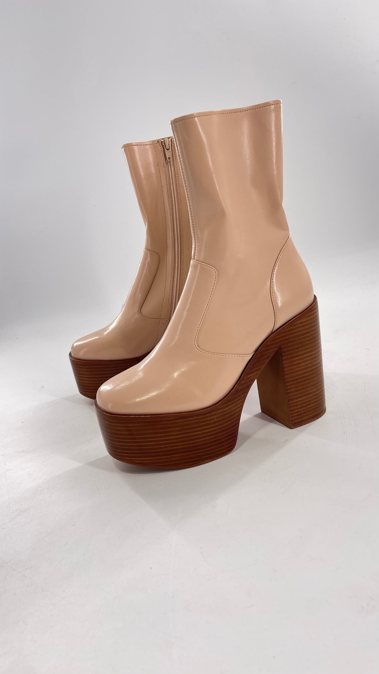 Free People X Jeffrey Campbell Mexique GoGo Boots • Beige Patent Boot with Wood Grain Chunky Block Heel and Platform (9)