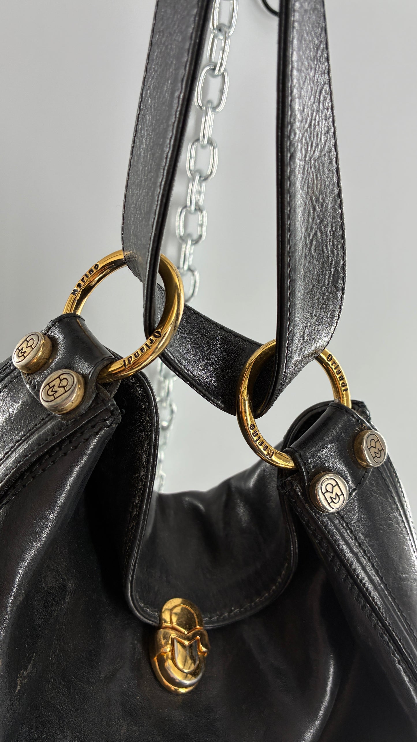 Vintage MARINO ORLANDI Black Leather Purse Made in Italy with Gold Embossed Hardware