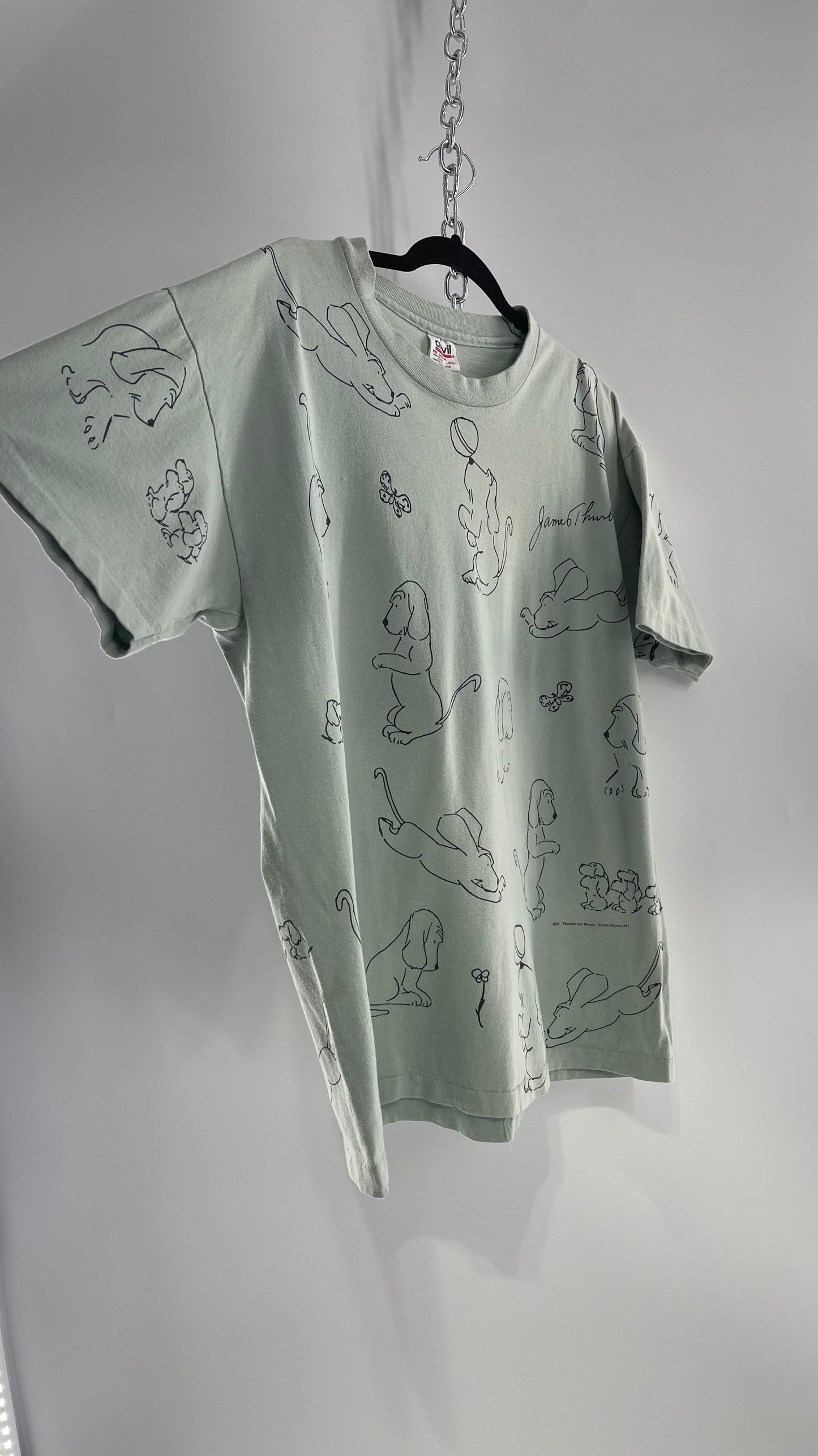 Vintage James Thurber Light Sage Nostalgic Puppy Doodle Comic Sketch T Shirt (XL)