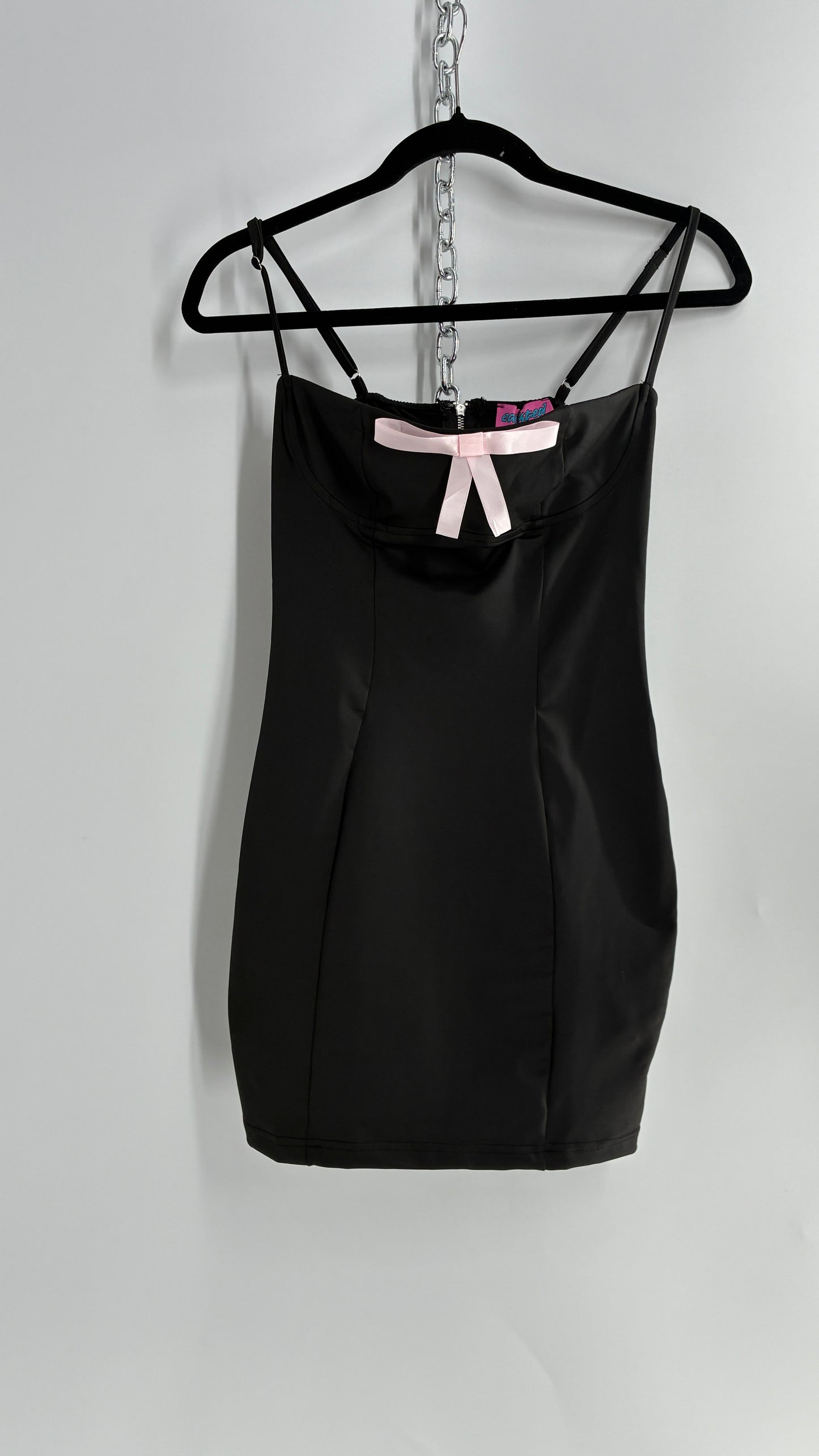Edikted Black Satin Underbust Panel Mini Dress with Baby Pink Bow and Tags Attached (XS)