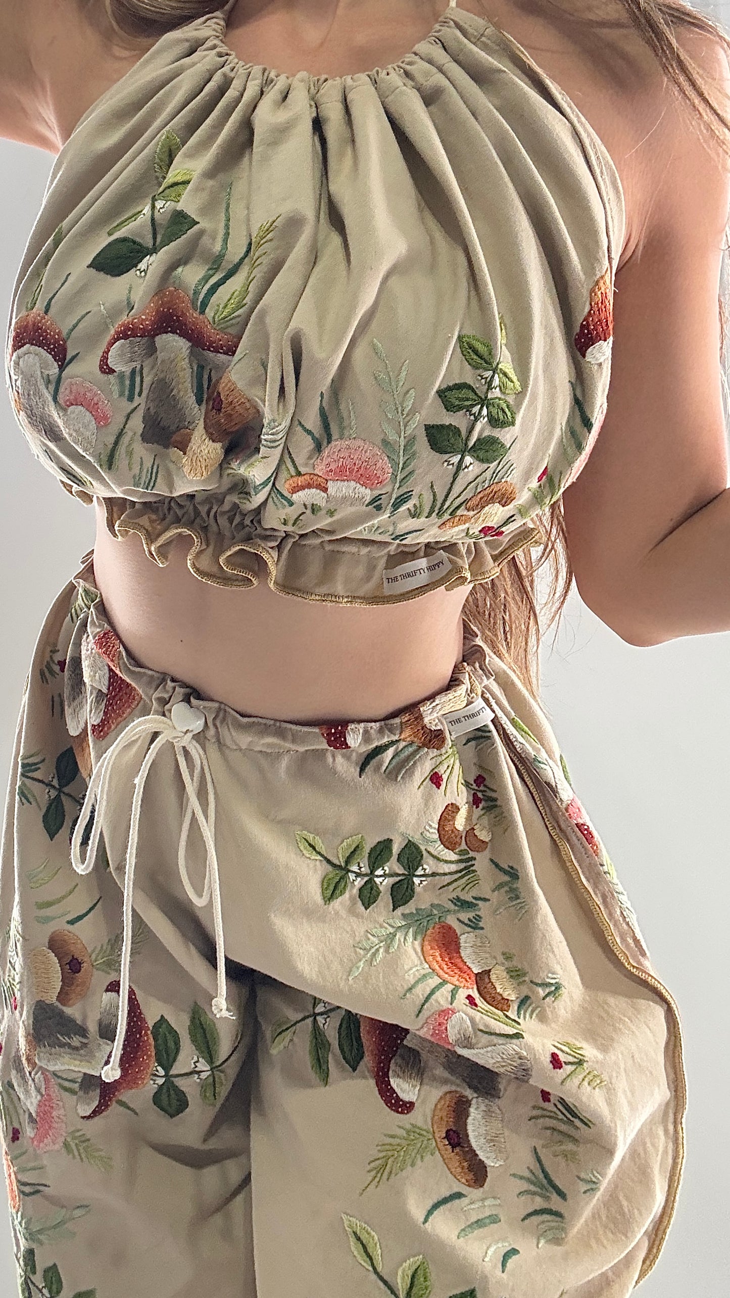 Vintage Custom Handmade and Hand Embroidered Two Piece Set with Mushrooms, Vines, and Ladybugs (XS-L)
