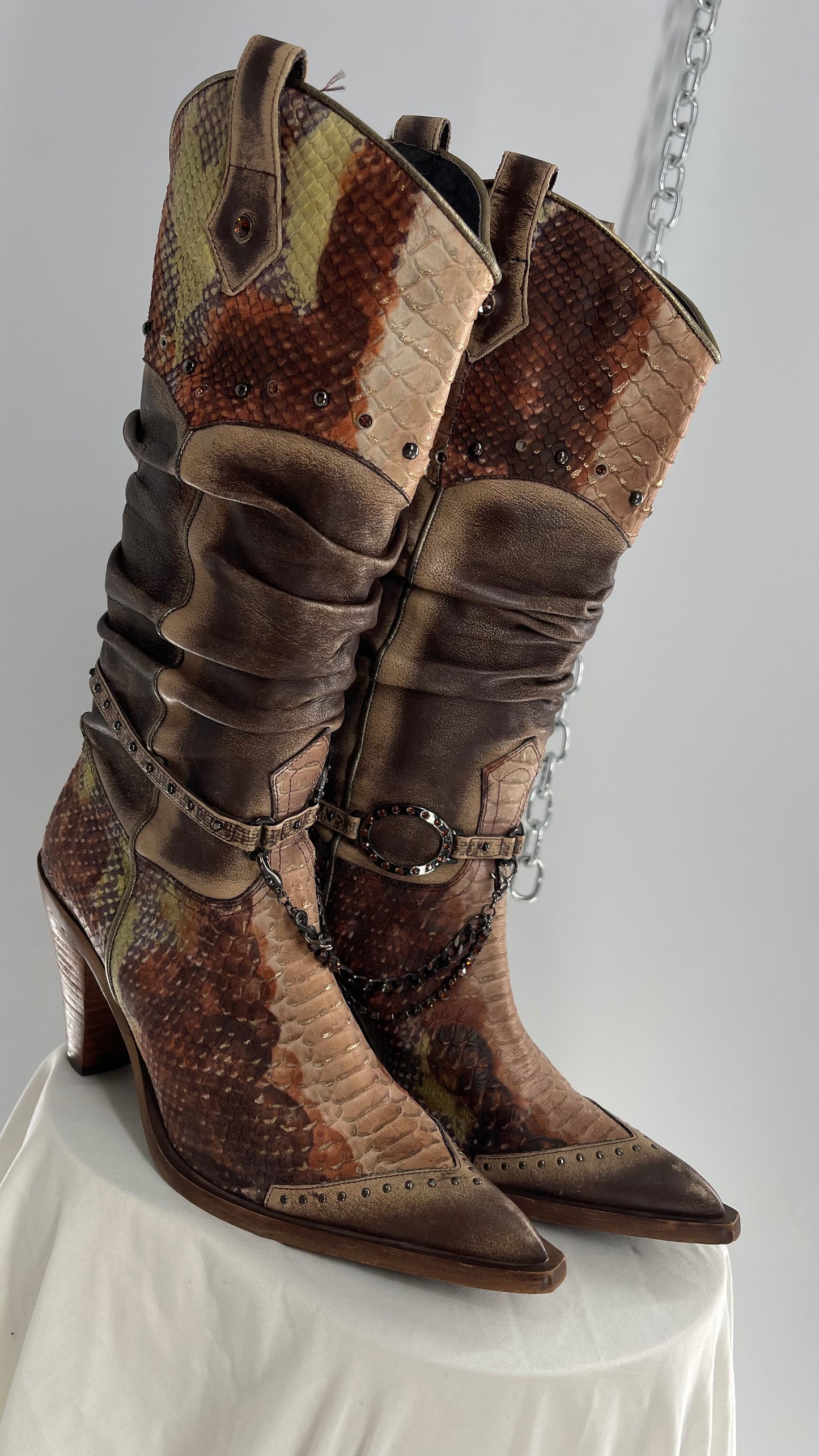 Vintage Steve Madden Stacked/Ruched Pointed Toe Cowboys with Snake Texture, Brown/Green/Orange with Chains and Studs (8)