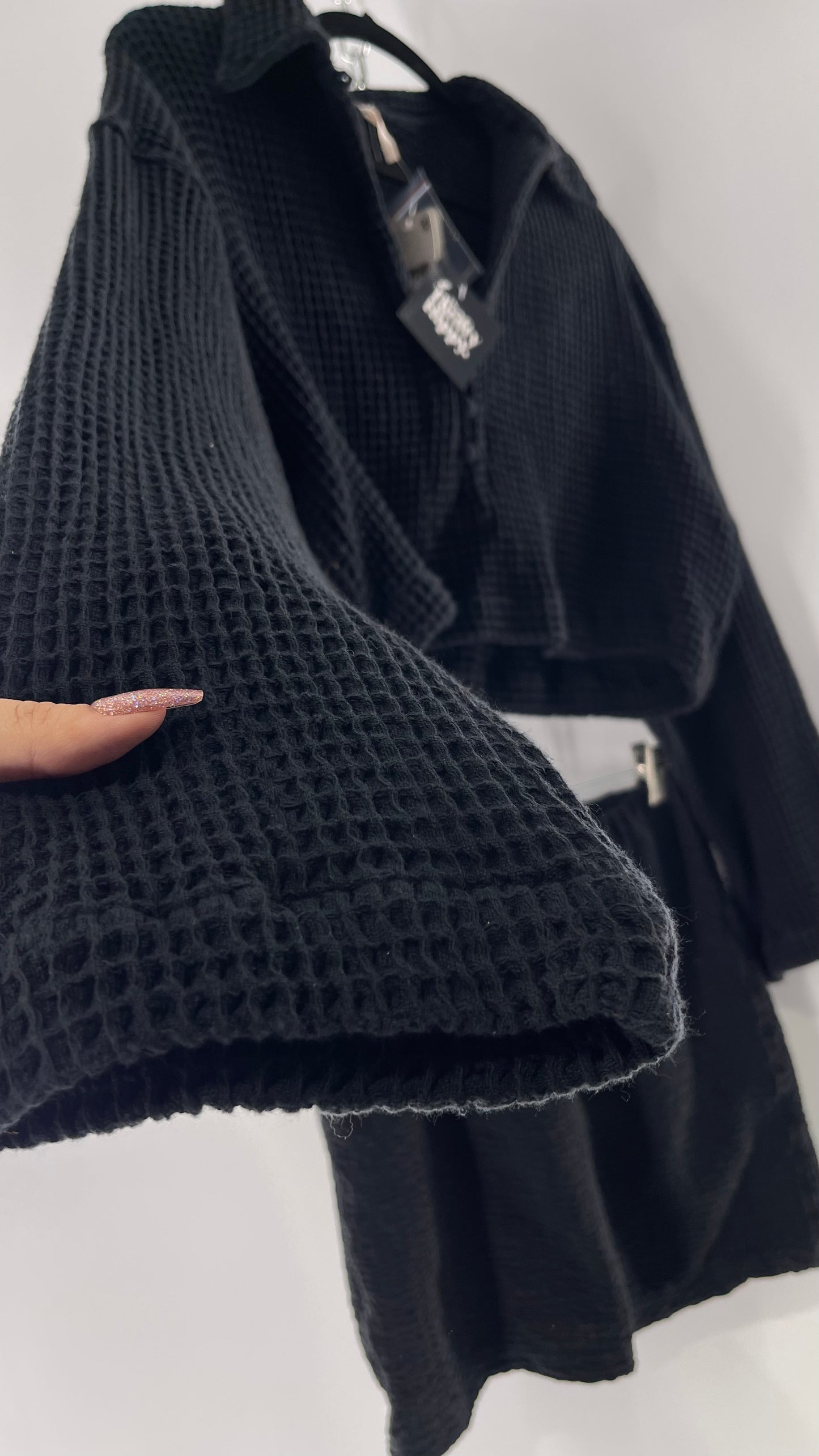 Free People Waffle Knit Black Cropped Button Up and Skirt Set with Tags Attached (Small)