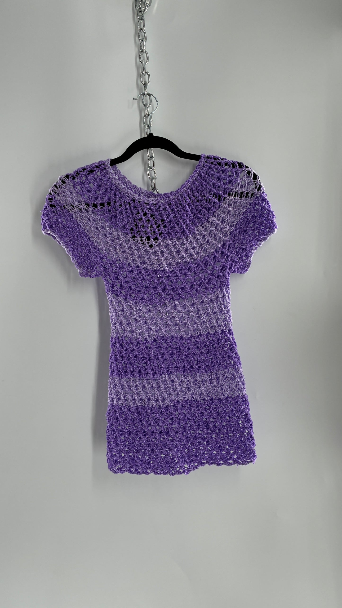 Vintage Handmade Striped Lilac and Purple Crochet Puff Sleeve Top (Small)