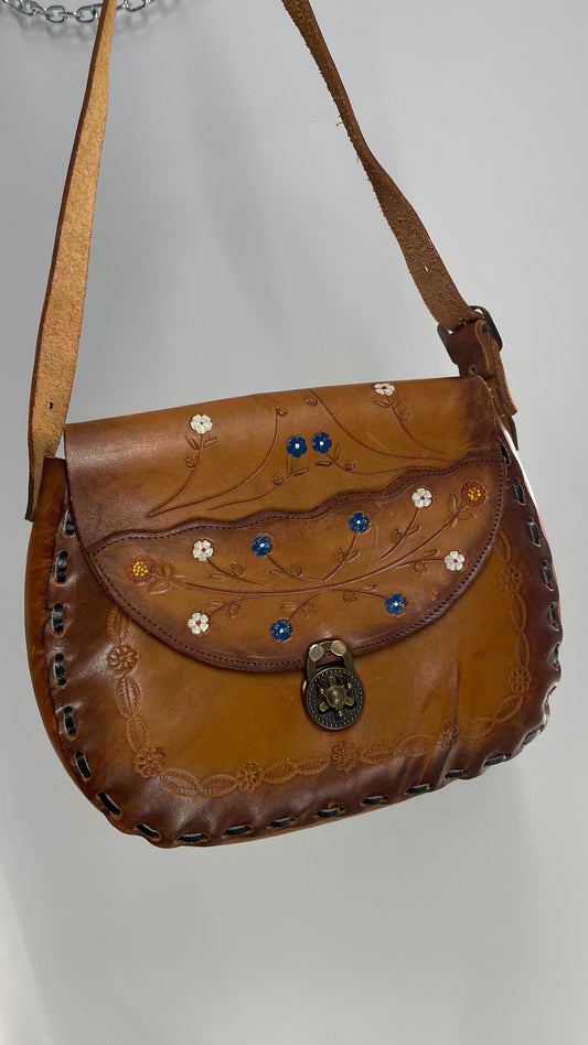 Vintage 1970s Mexico Leather Saddle Bag with Engravings, Stitching and Turnstile Closure