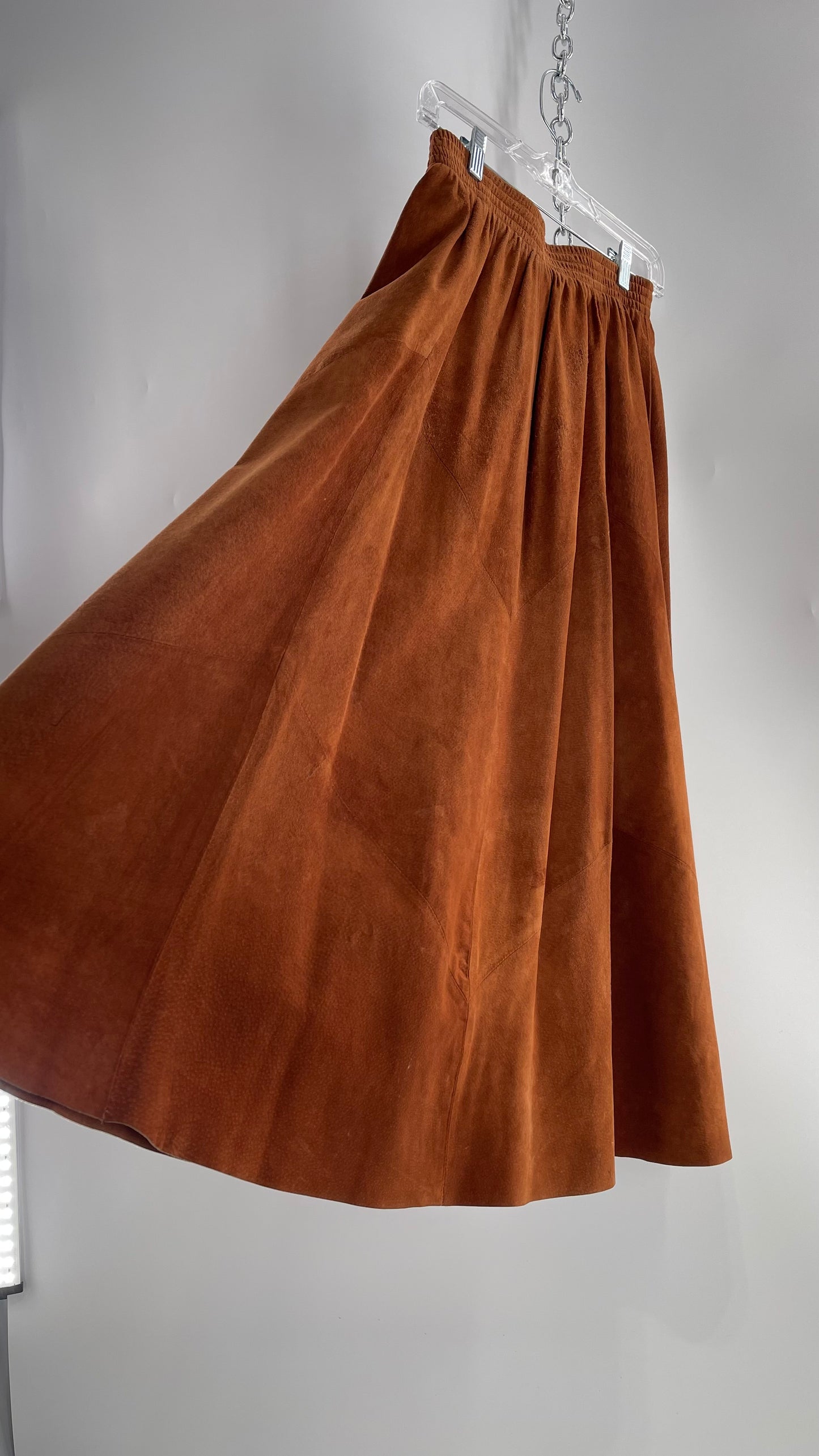 Vintage Brown Leather Suede Paneled Voluminous Skirt Assembled in Mexico (S)