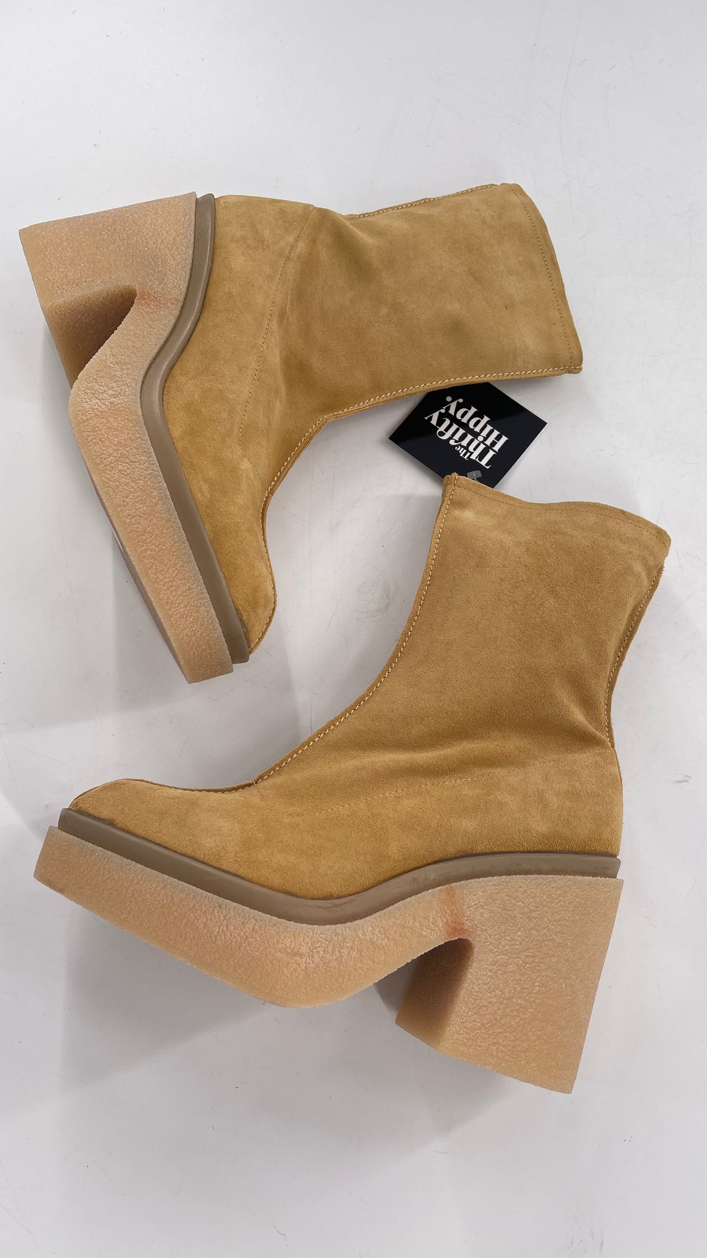 Free People Gigi Tan Suede Ankle Boots with Platform and Chunky Rubber Heel (38.5)